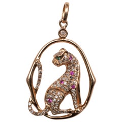 Gold Leopard 0.45 Carat Diamond Ruby Emerald Pendant 18 Karat Rose Gold