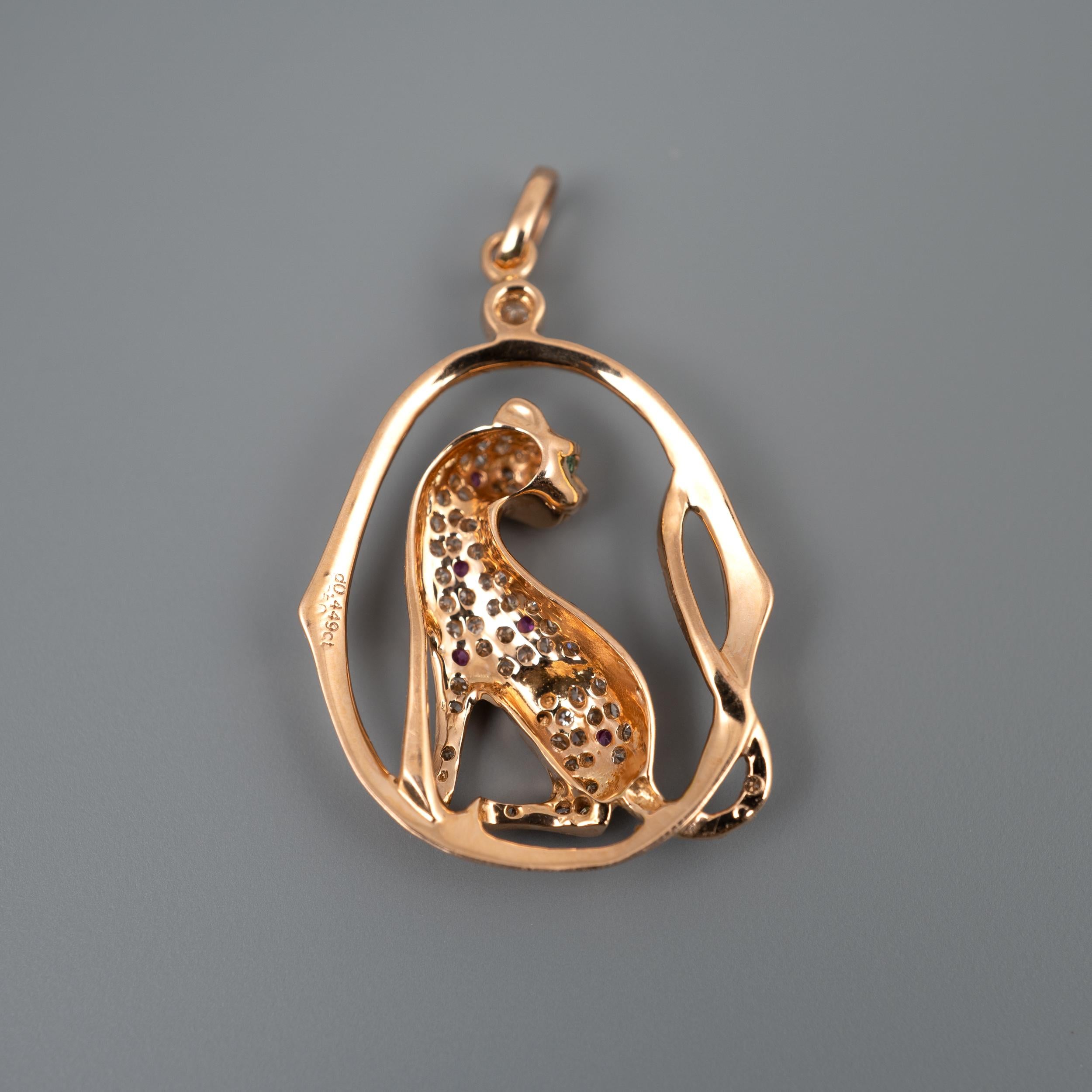 Rose Cut Gold Leopard 0.45 Carat Diamond Ruby Emerald Pendant 18 Karat Rose Gold