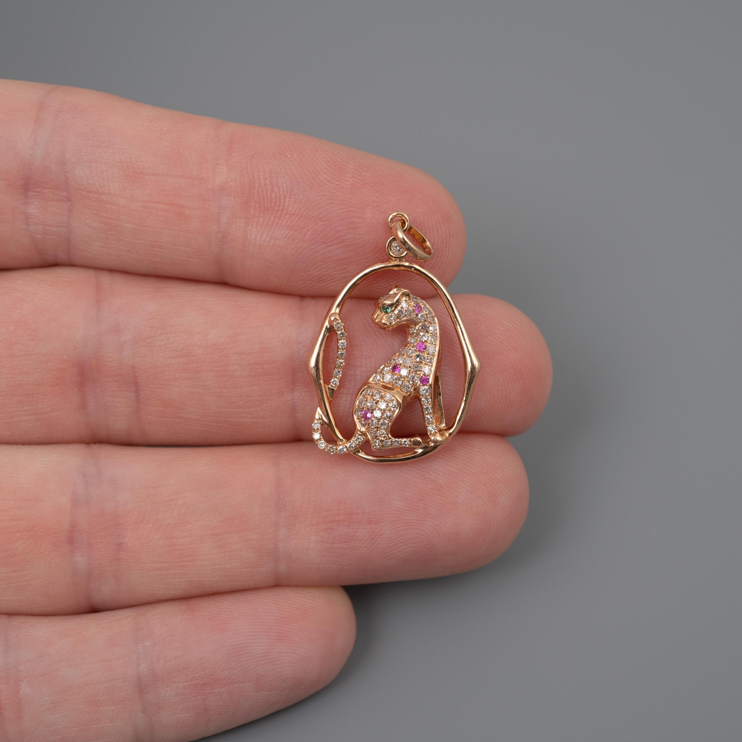 Women's Gold Leopard 0.45 Carat Diamond Ruby Emerald Pendant 18 Karat Rose Gold