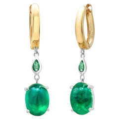 Gold Lever Back Earrings with Cabochon Emeralds and Pear Shaped Emeralds Drops