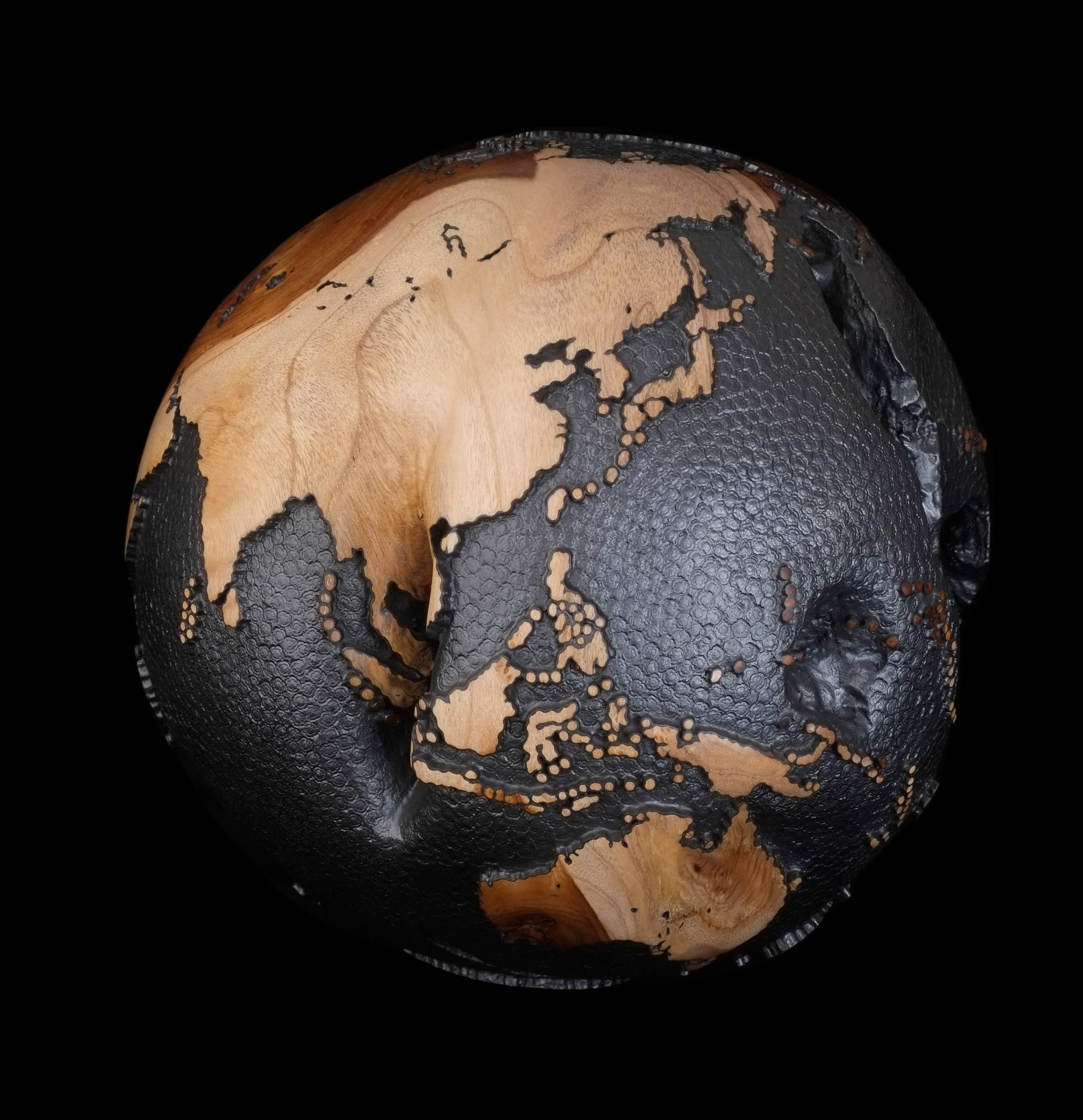Organic Modern Gold Line Accents Wooden Globe, Steel Hammered and Graphite 30cm, Saturday Sale For Sale