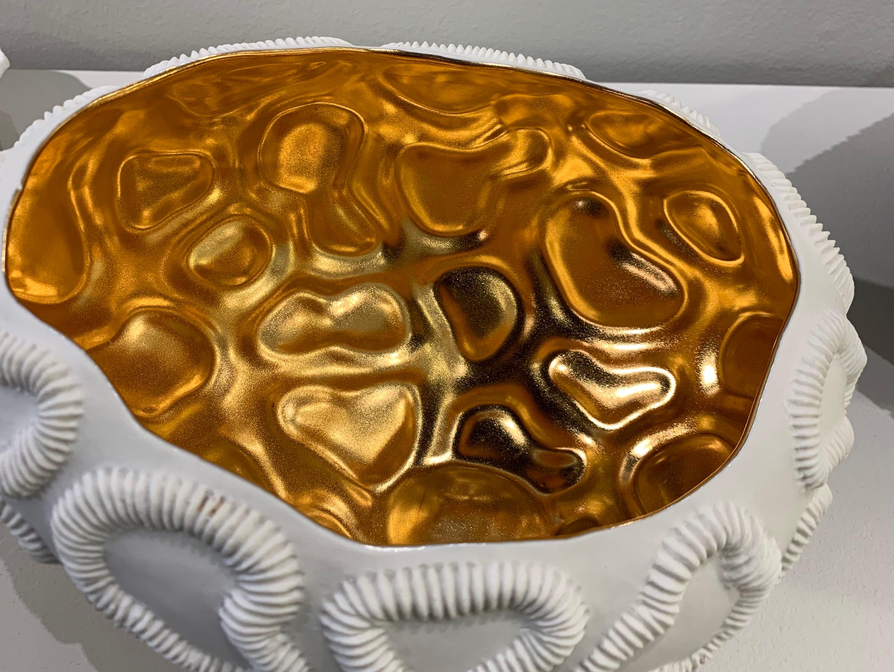 Italian Gold Lined Texture Porcelain Bowl, Italy, Contemporary