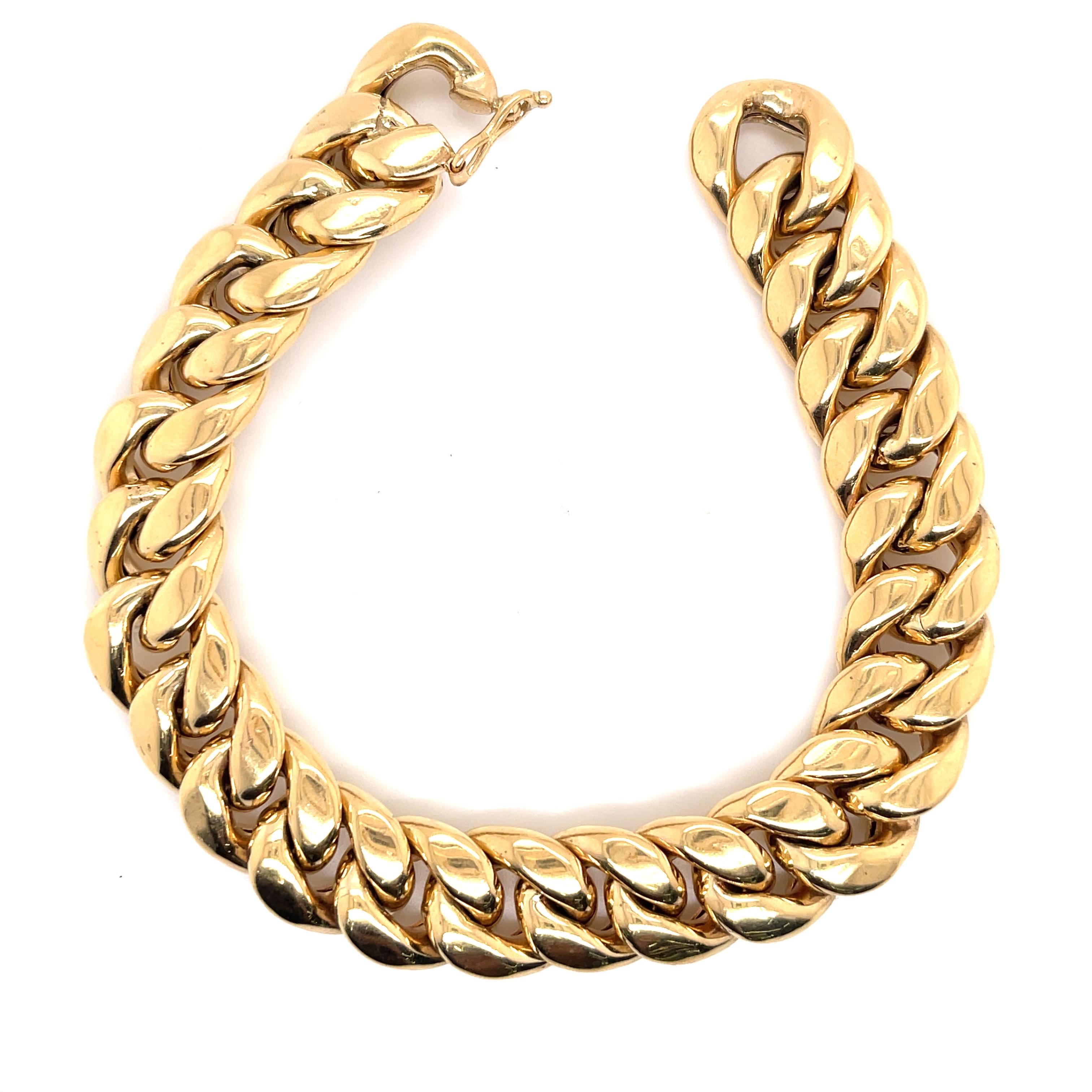 14K Yellow Gold bracelet featuring 25 Cuban Links weighing 43.32 Grams. 
Great for a Man or Woman!