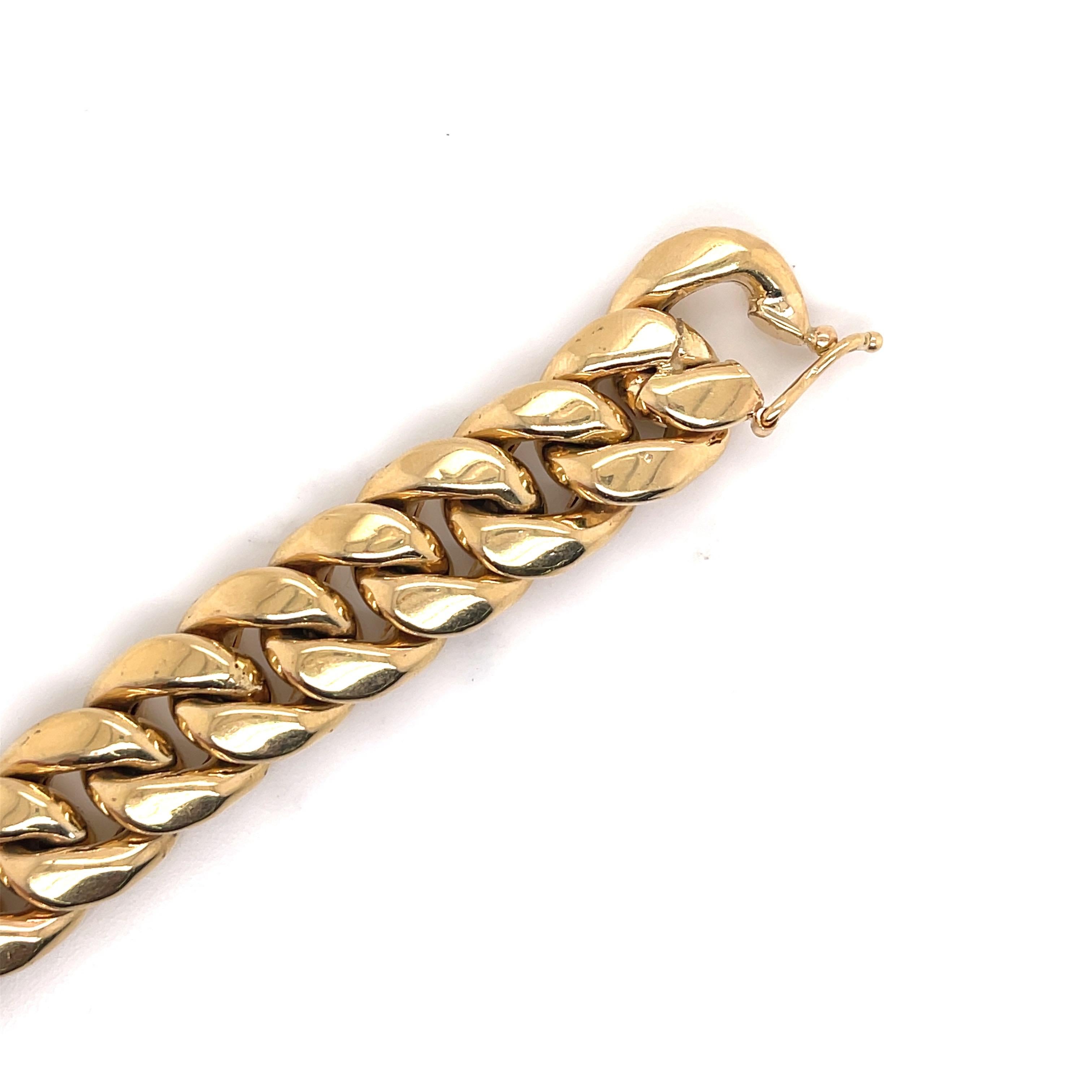 Women's or Men's Cuban Link Bracelet 14 Karat Yellow Gold 43.3 Grams 8.38 Inches For Sale
