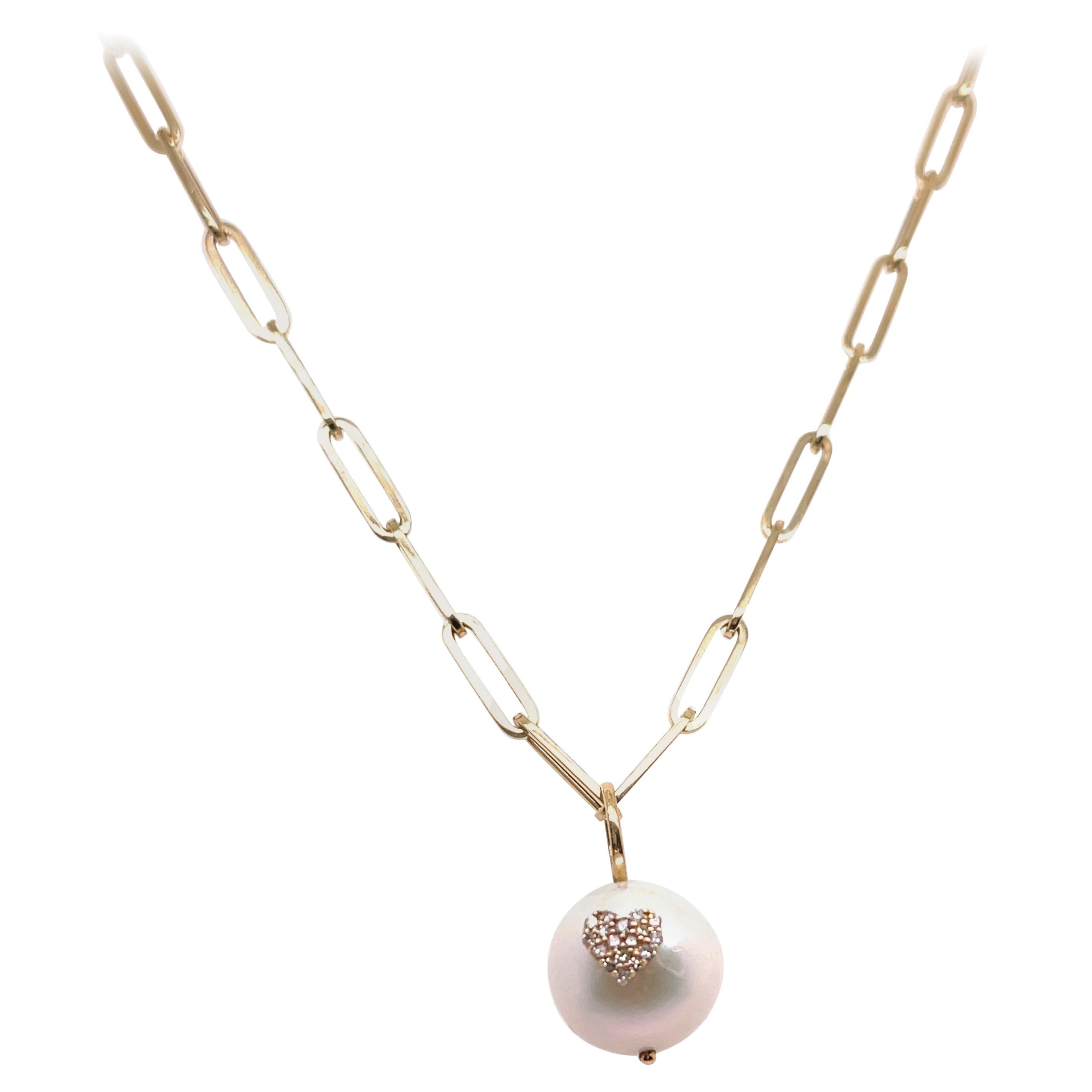 Gold Link Chain with Pearl Heart Charm Pendant
