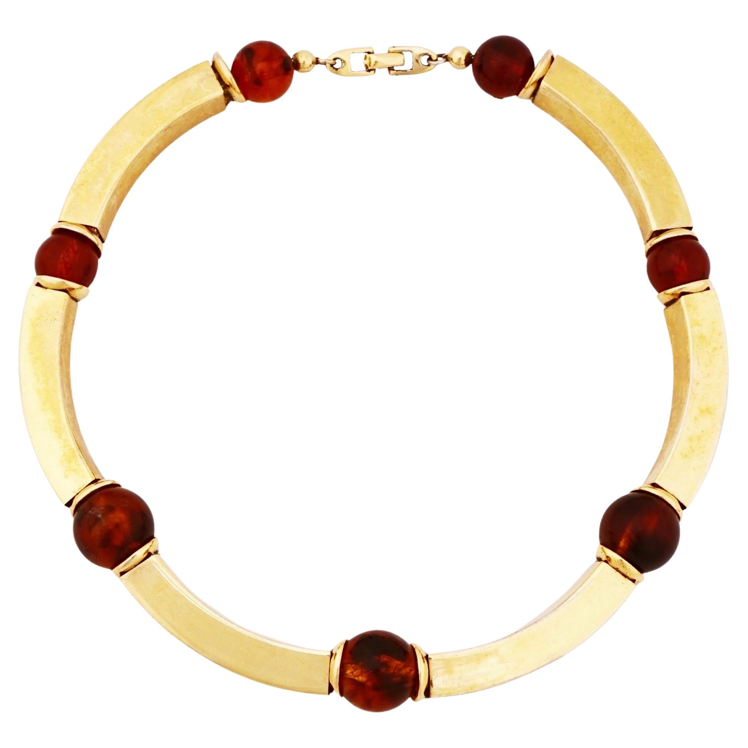 Gold Link Choker Necklace With Lucite Tortoise Beads By Napier, 1970s For Sale