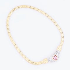 Gold Link Choker Necklace With Pink Crystal Heart By Nolan Miller, 1980s