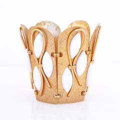 Gold Link "Gauntlet" Cuff Bracelet With Milk Glass Cabochons By Napier, 1950s