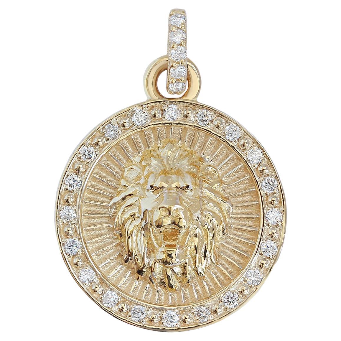 Gold Lion Astrology Symbol Coin Pendant Necklace - 14K Yellow Gold For Sale