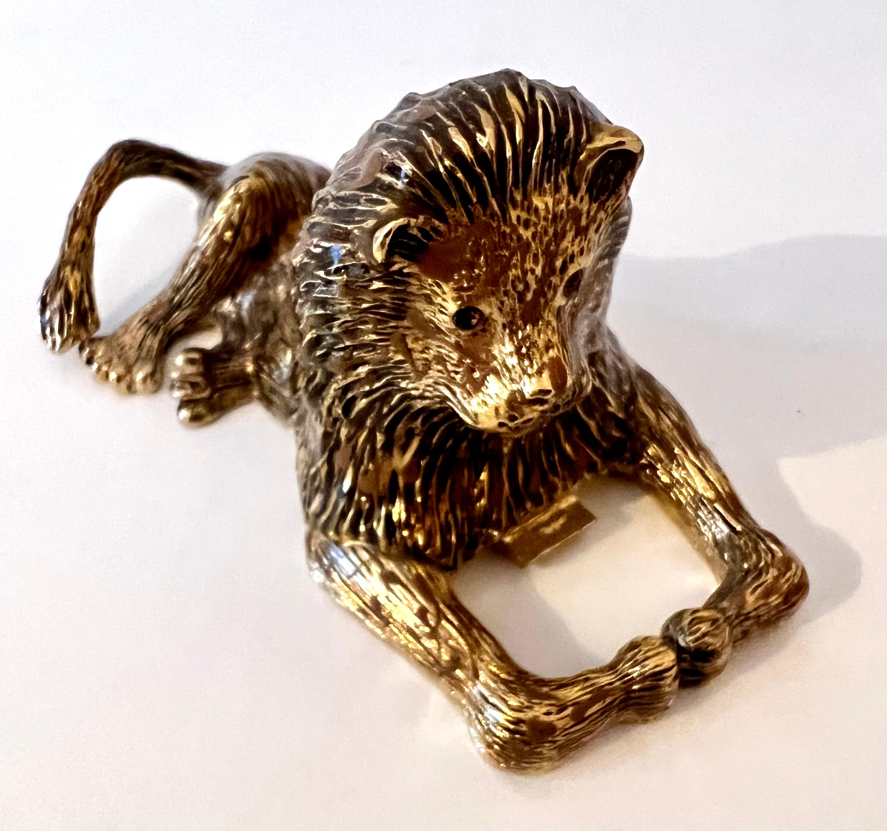 Gold Lion Bottle Opener with Jewel Eyes In Good Condition In Los Angeles, CA