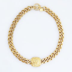 Gold Lion Logo Medallion Curb Chain Choker Necklace By Anne Klein, 1980s