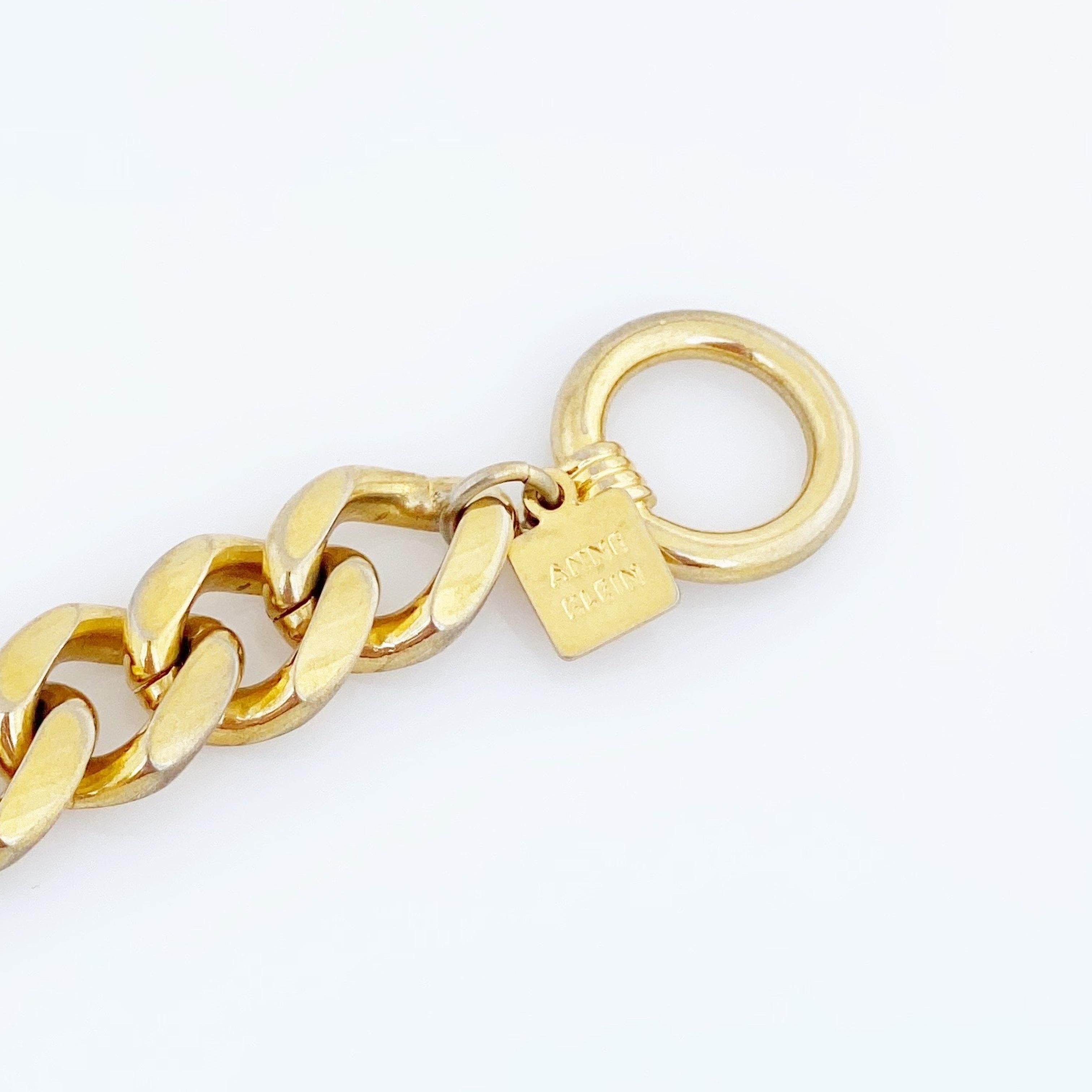 Modern Gold Lion Logo Medallion Curb Chain Choker Necklace By Anne Klein, 1980s