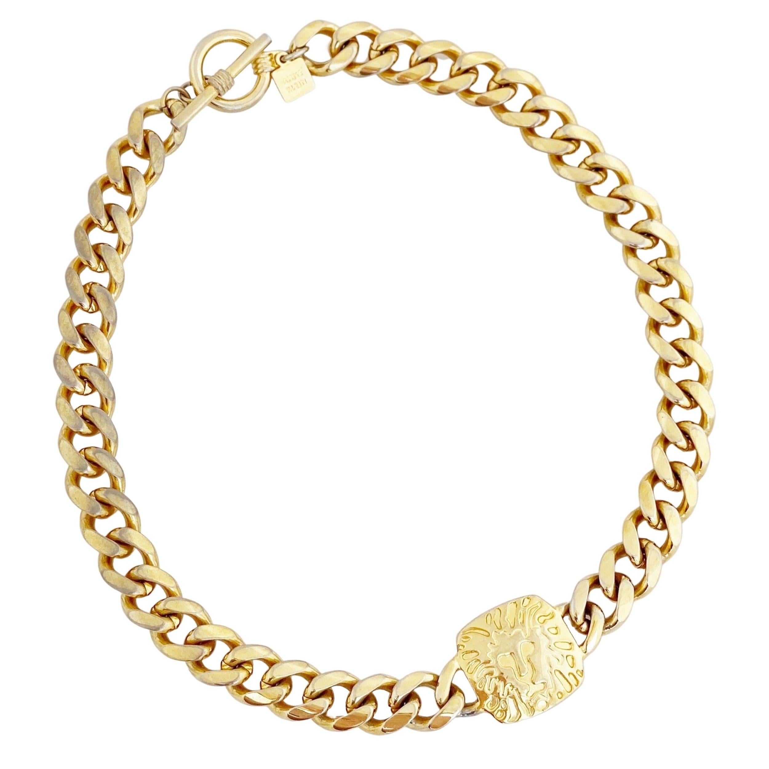 Gold Lion Logo Medallion Curb Chain Choker Necklace By Anne Klein, 1980s