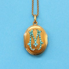 Gold Locket with the Initial M Set with Turquoises