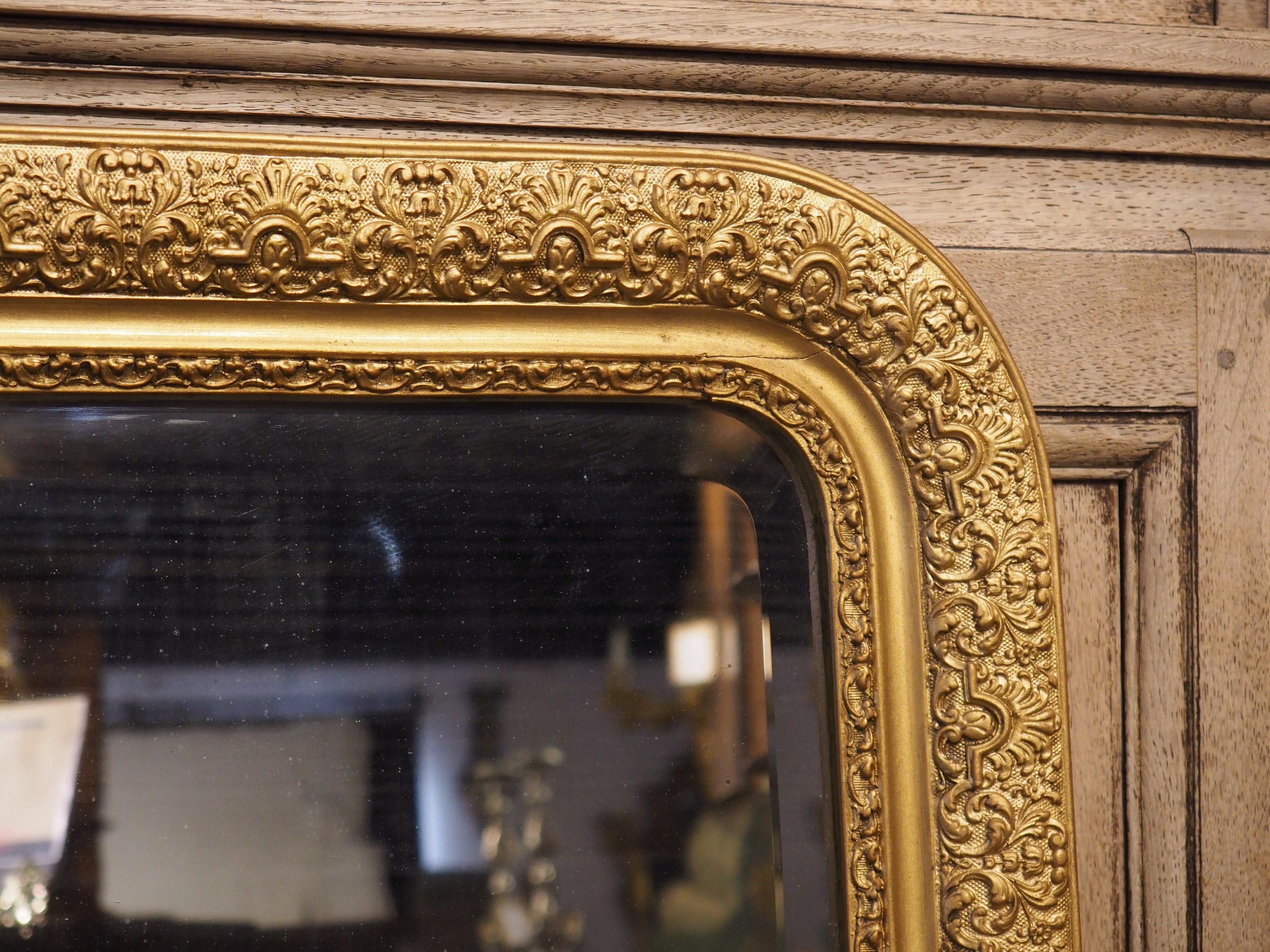 Gold Louis Philippe Style Beveled Mirror with Foliate and Floral Decor In Good Condition For Sale In Dallas, TX