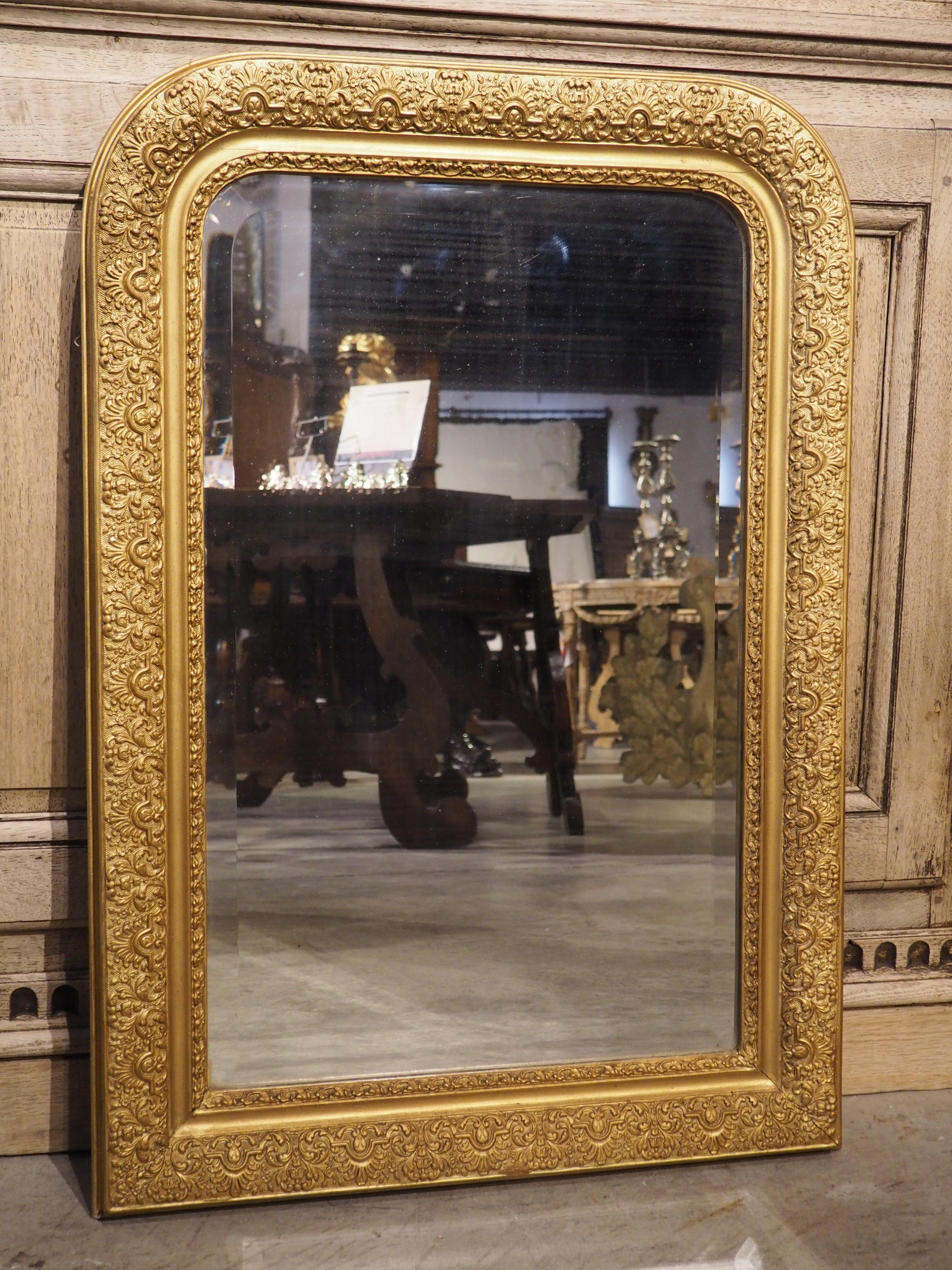 Gold Louis Philippe Style Beveled Mirror with Foliate and Floral Decor In Good Condition For Sale In Dallas, TX
