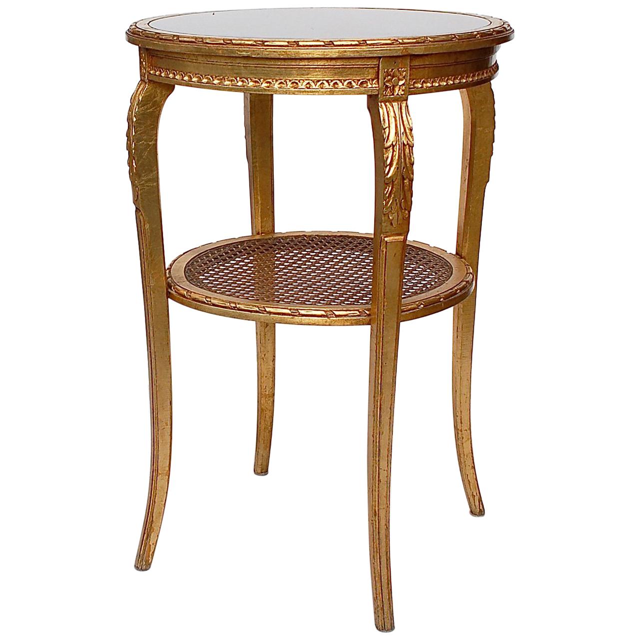 Gold Louis XIV Empire Style Side Table with Cane Shelf, Late 20th Century For Sale