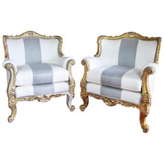 Gold Louis XV Style Pair of Armchairs in White and Grey Linen
