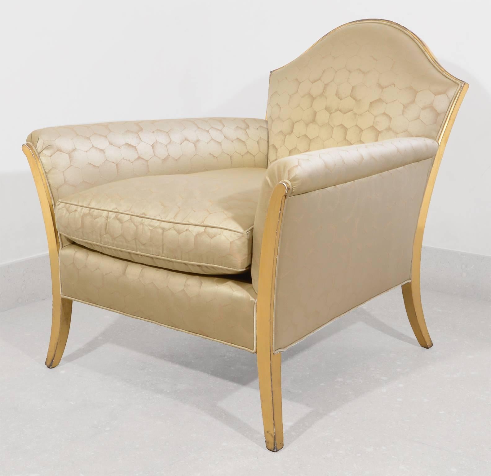 Two lounge chairs and one ottoman. One chair is upholstered in gold fabric as shown in images and other lounge chair and ottoman need to be reupholstered.