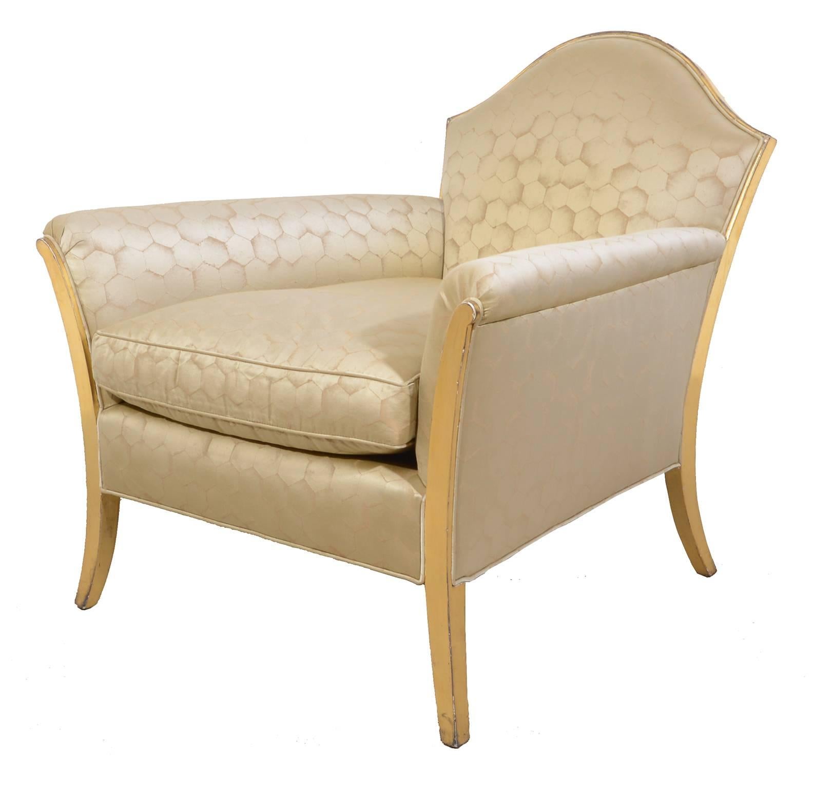 Pair of Gilt Lounge Chairs and Ottoman For Sale