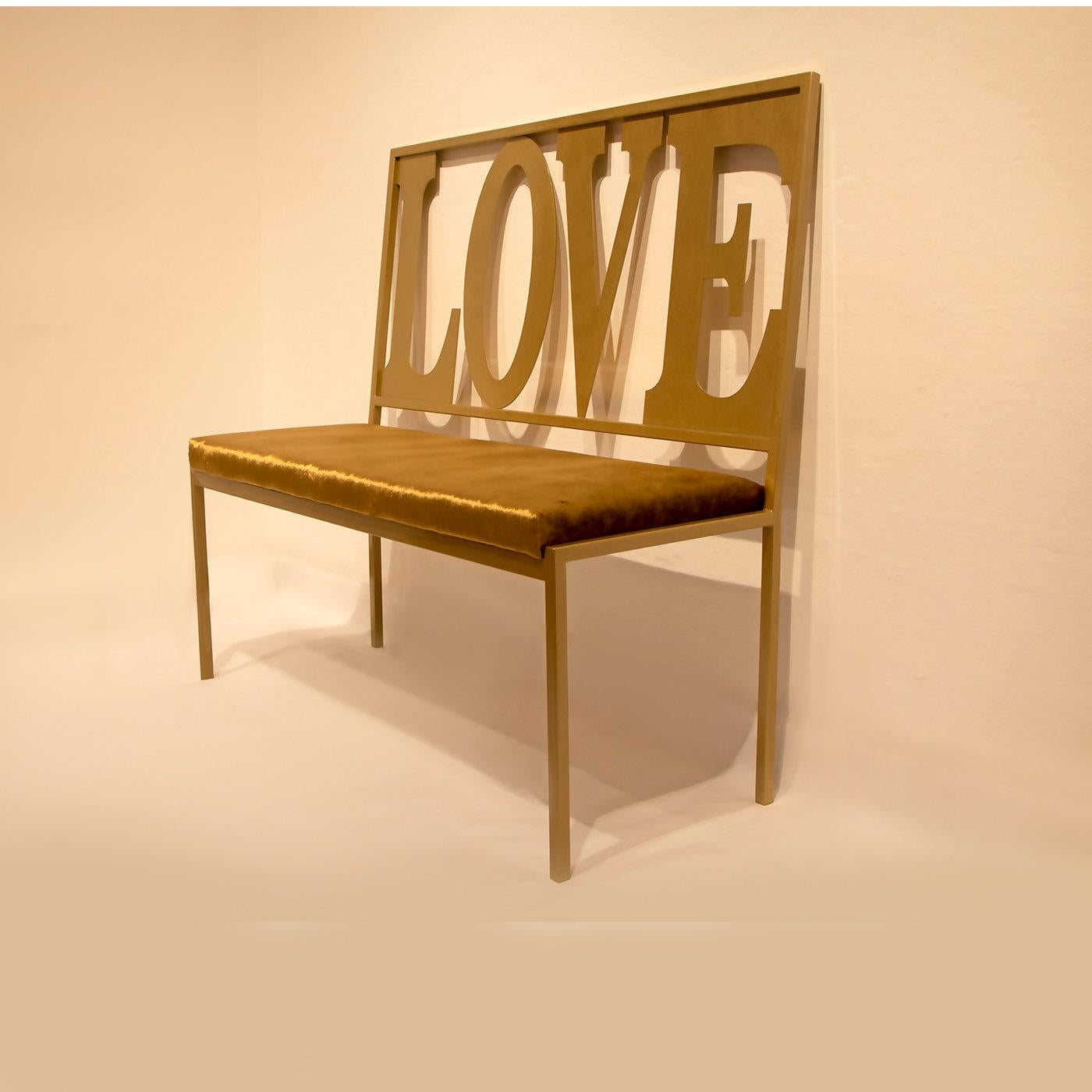 Part of the Imperfect Love Collection inspired by the desire to offer design objects with unique flair, this handcrafted iron bench showcases a warm golden finish and coordinated velvet seat upholstery. Available also in black with black, blue,