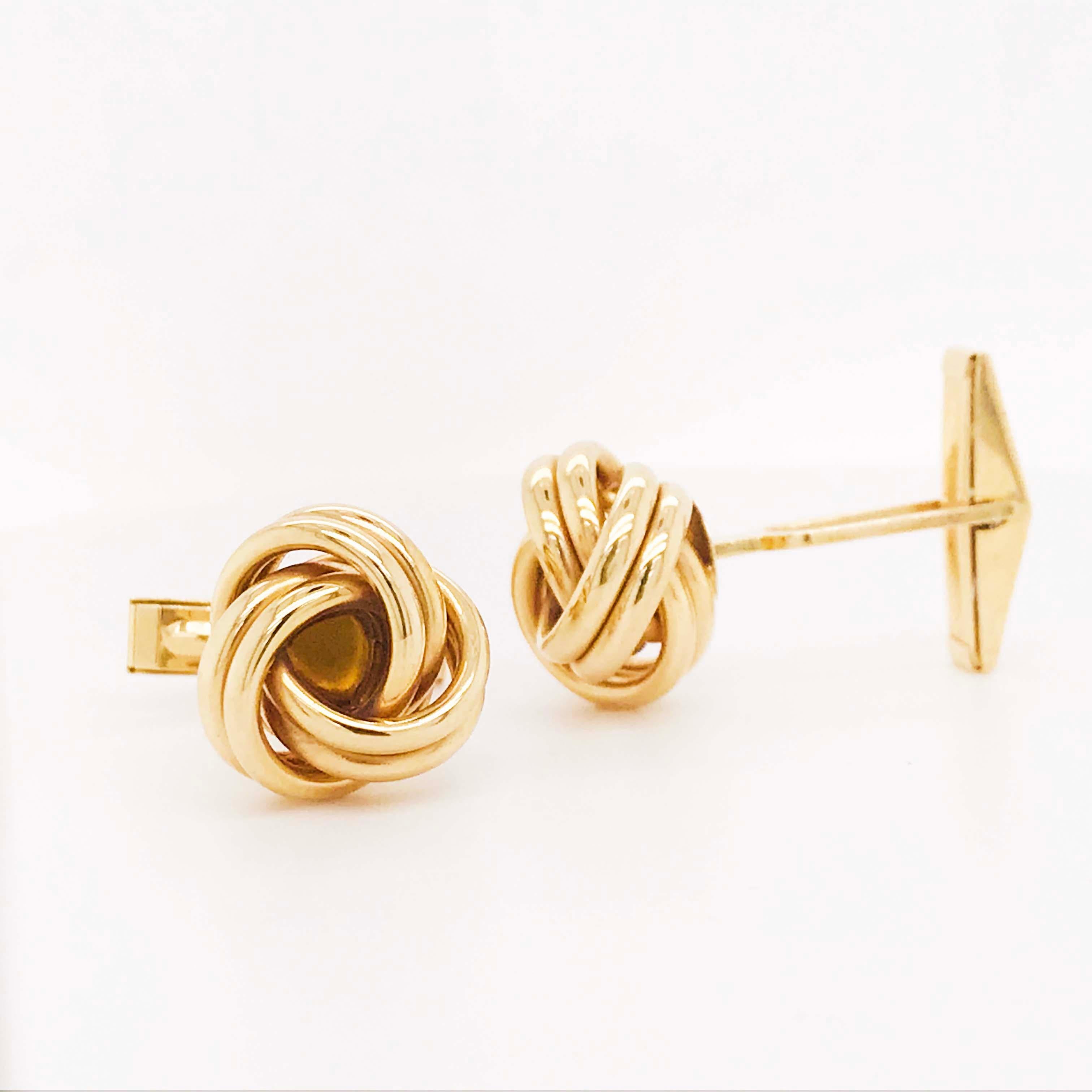 These gold Love Knot cufflinks are stylish and retro! With handmade gold love knots that overlap to create the traditional love knot design. These men's cufflinks are versatile and go with any formalwear! The 14 karat yellow gold cufflinks were