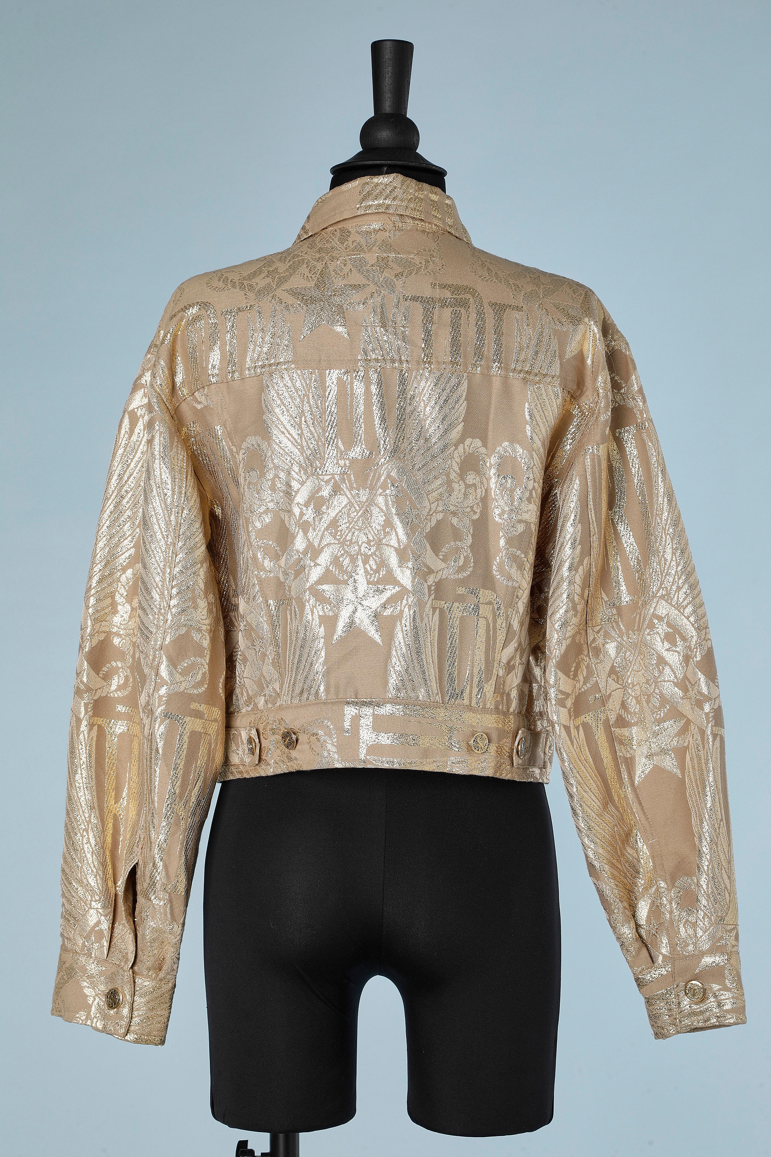 Gold lurex brocade single breasted jacket with branded buttons Ferré Jeans  For Sale 1