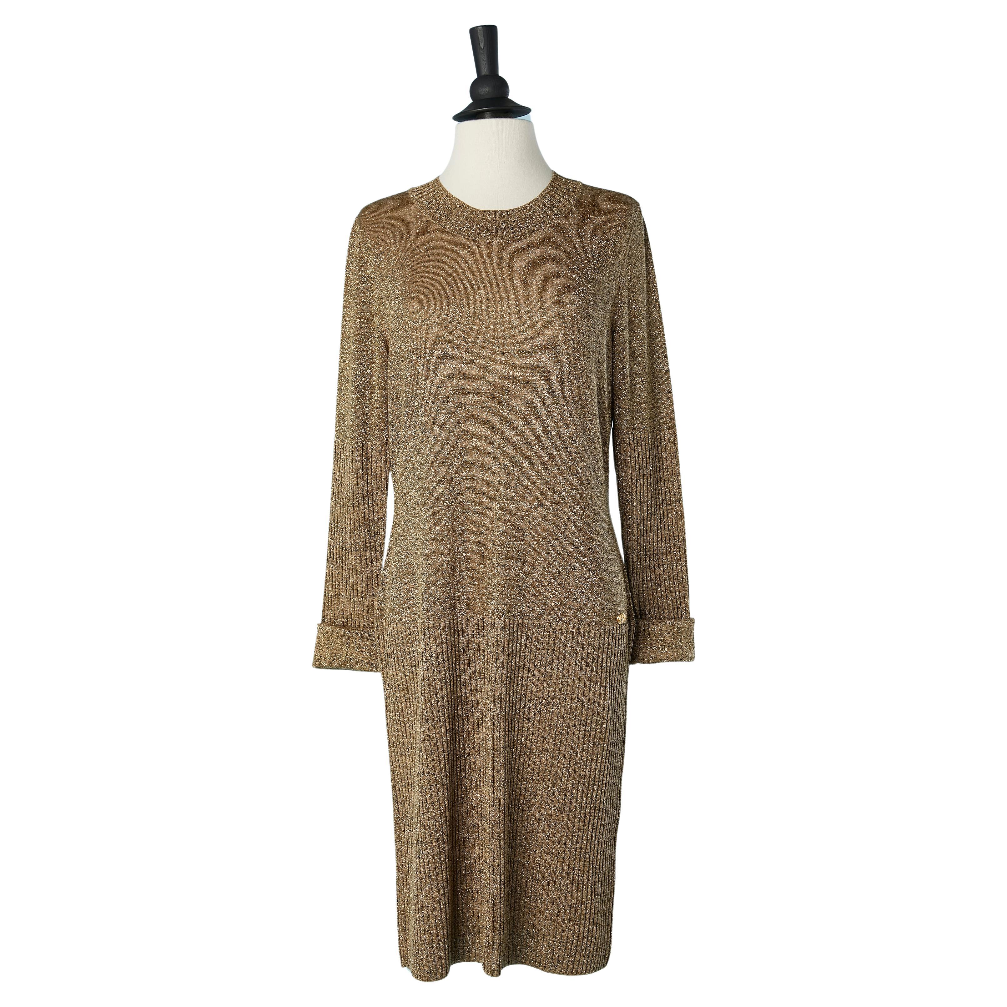 Gold lurex knit cocktail dress Chanel  For Sale