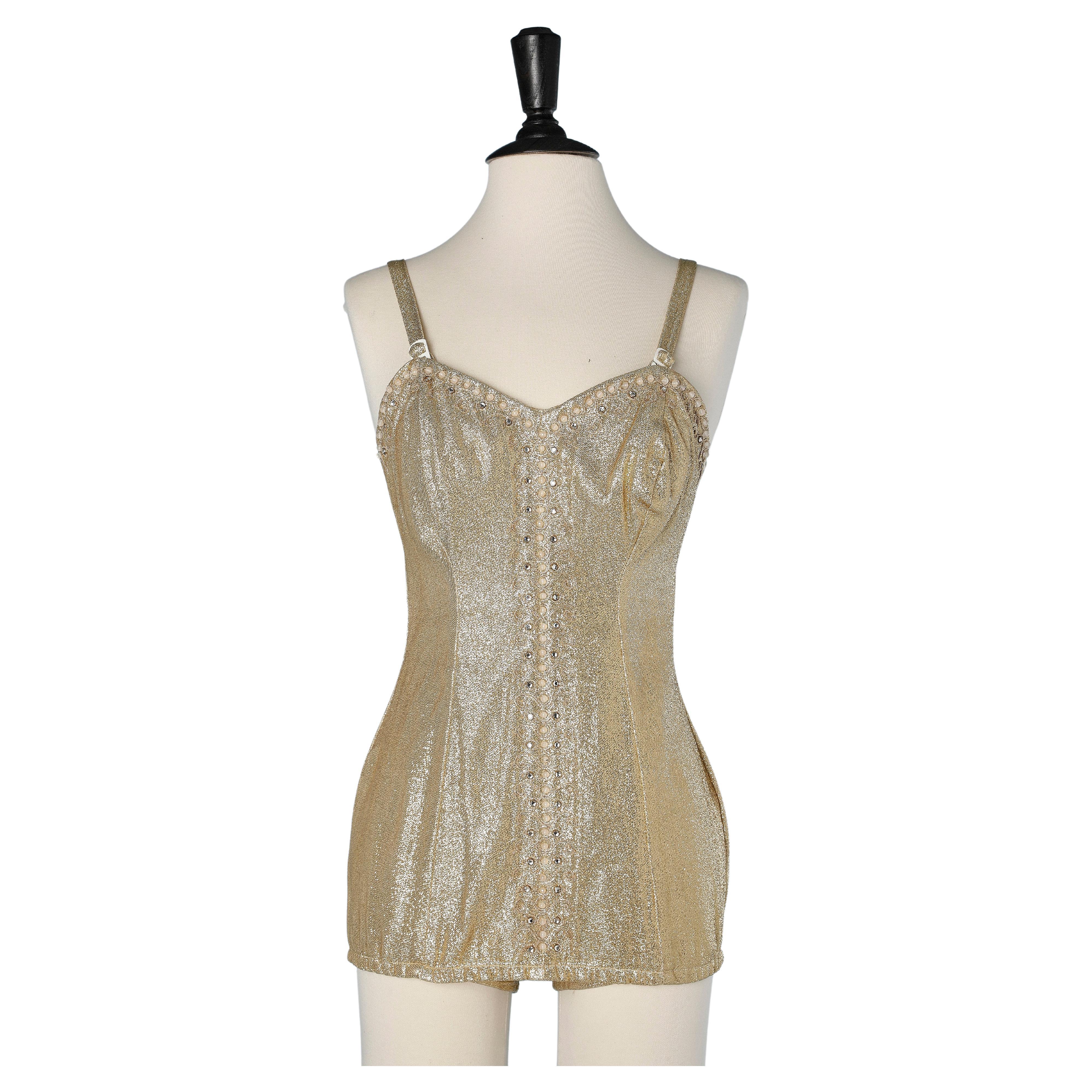 Gold lurex swimsuit with rhinestone and threads embroideries Tobi of California  For Sale