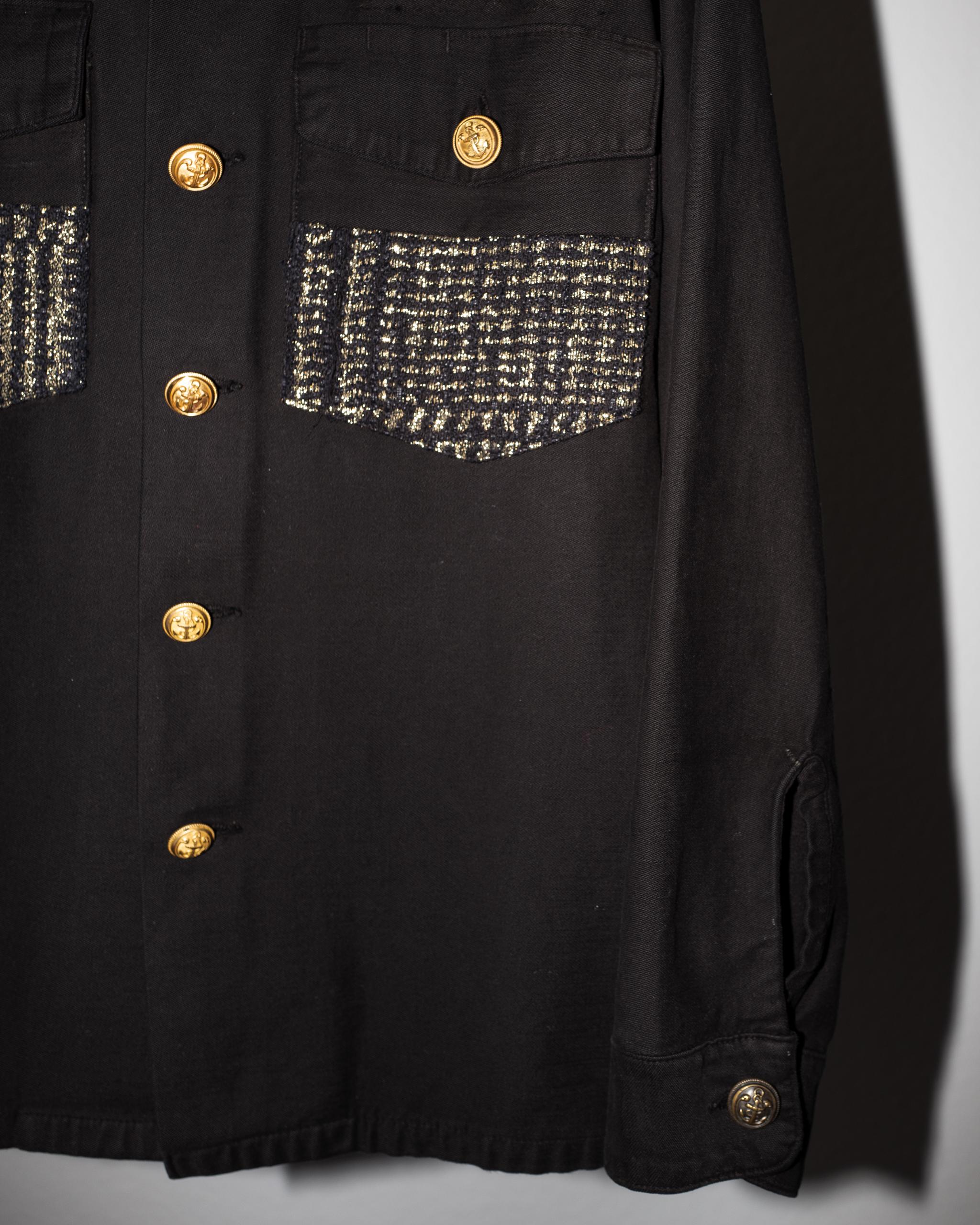 Gold Lurex Tweed Black Jacket Remade US Military Vintage Gold Buttons  In New Condition For Sale In Los Angeles, CA