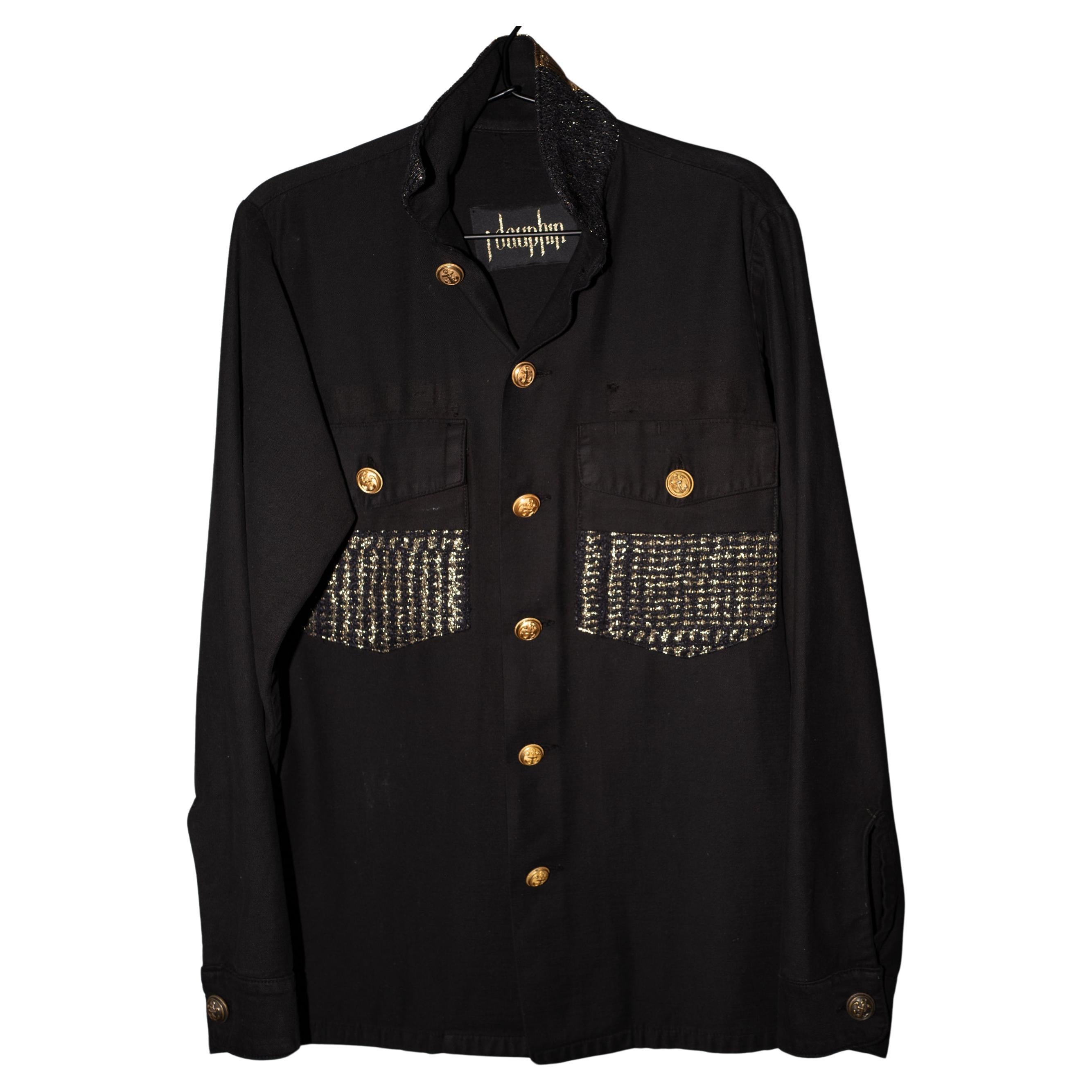 Gold Lurex Tweed Black Jacket Remade US Military Vintage Gold Buttons  For Sale