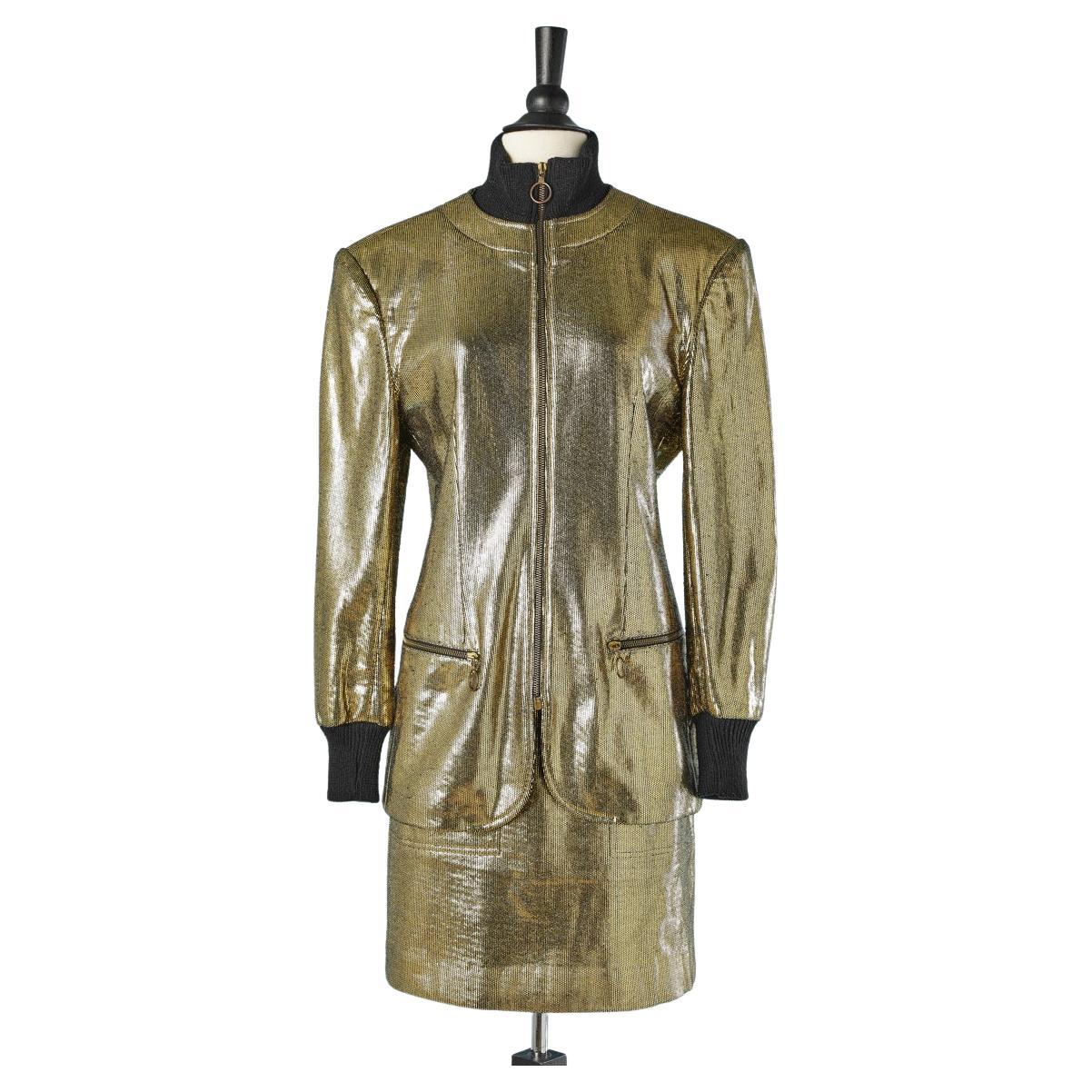 Gold lycra skirt suit Moschino Circa 1980's For Sale