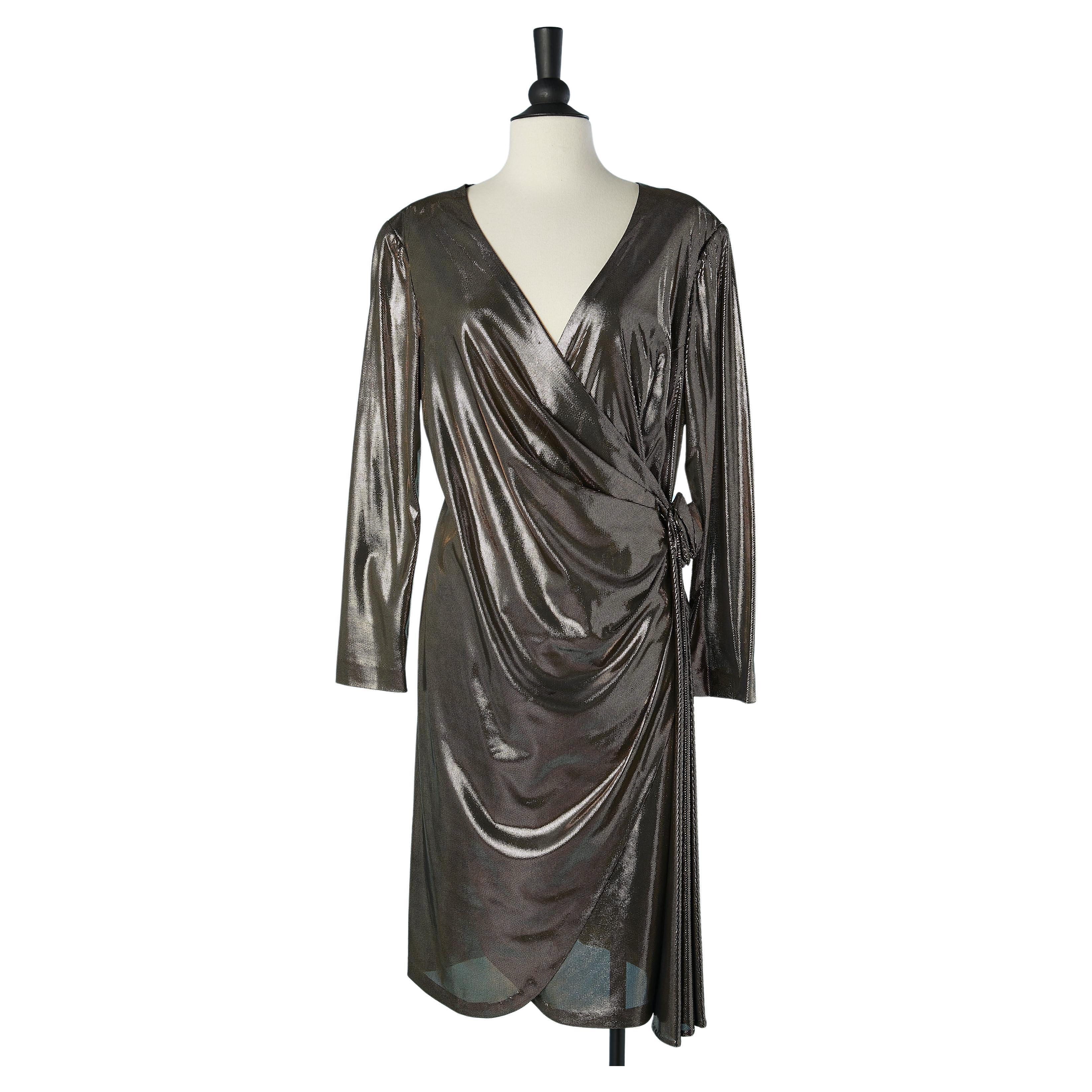 Gold lycra wrap cocktail dress with rose fabric on the side of the waist For Sale