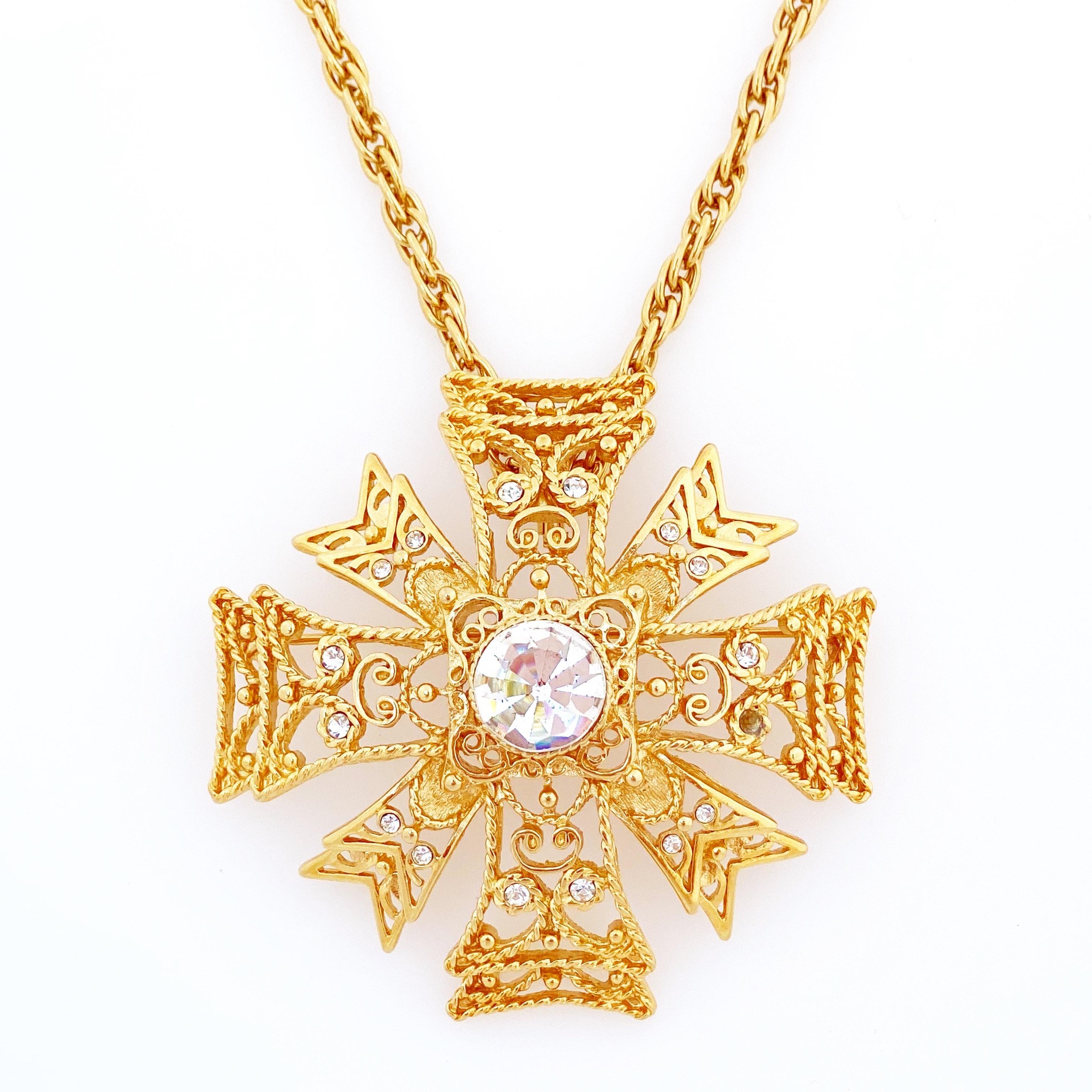 Gold Maltese Cross Pendant Necklace By Kenneth Jay Lane, 1990s In Good Condition In McKinney, TX