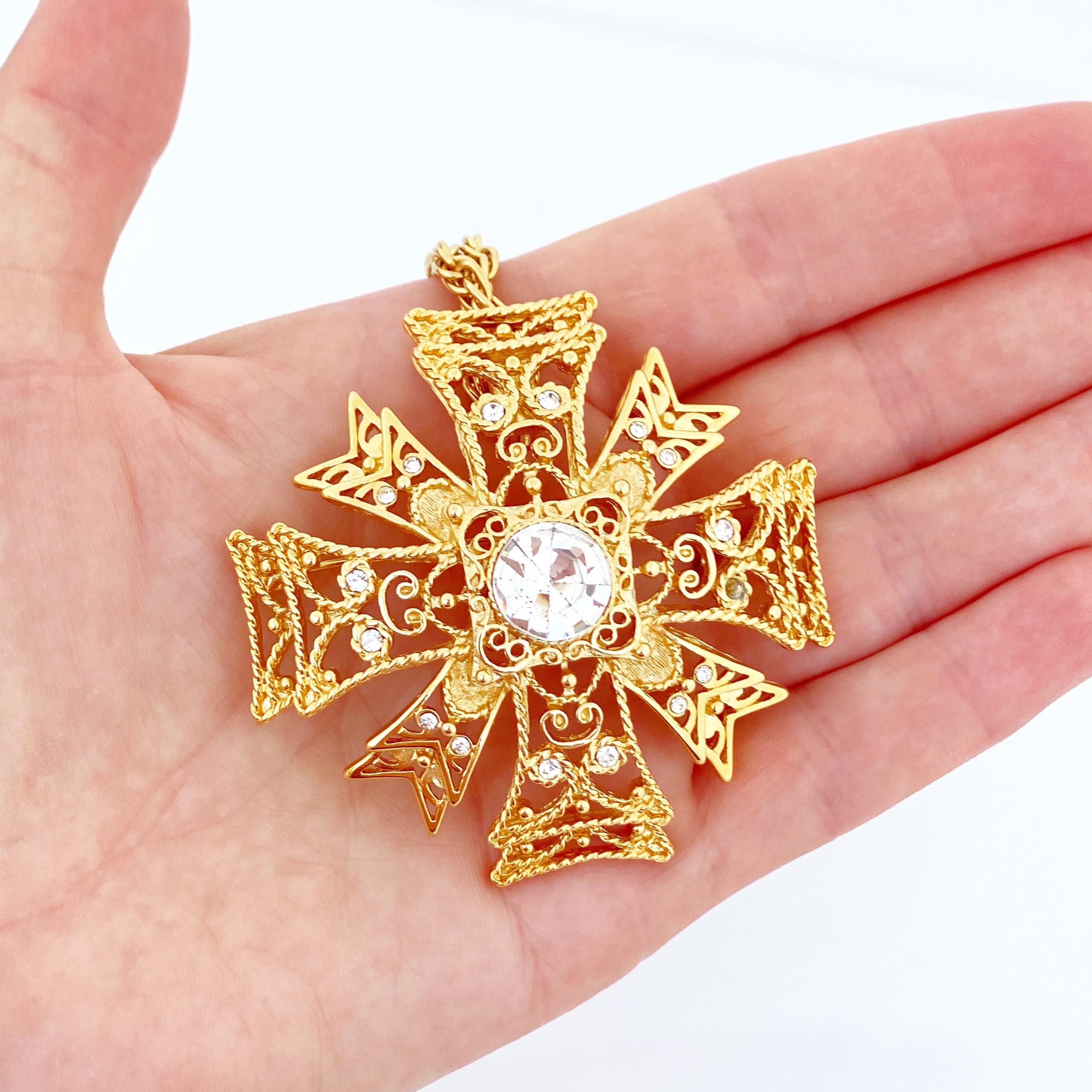Gold Maltese Cross Pendant Necklace By Kenneth Jay Lane, 1990s 2