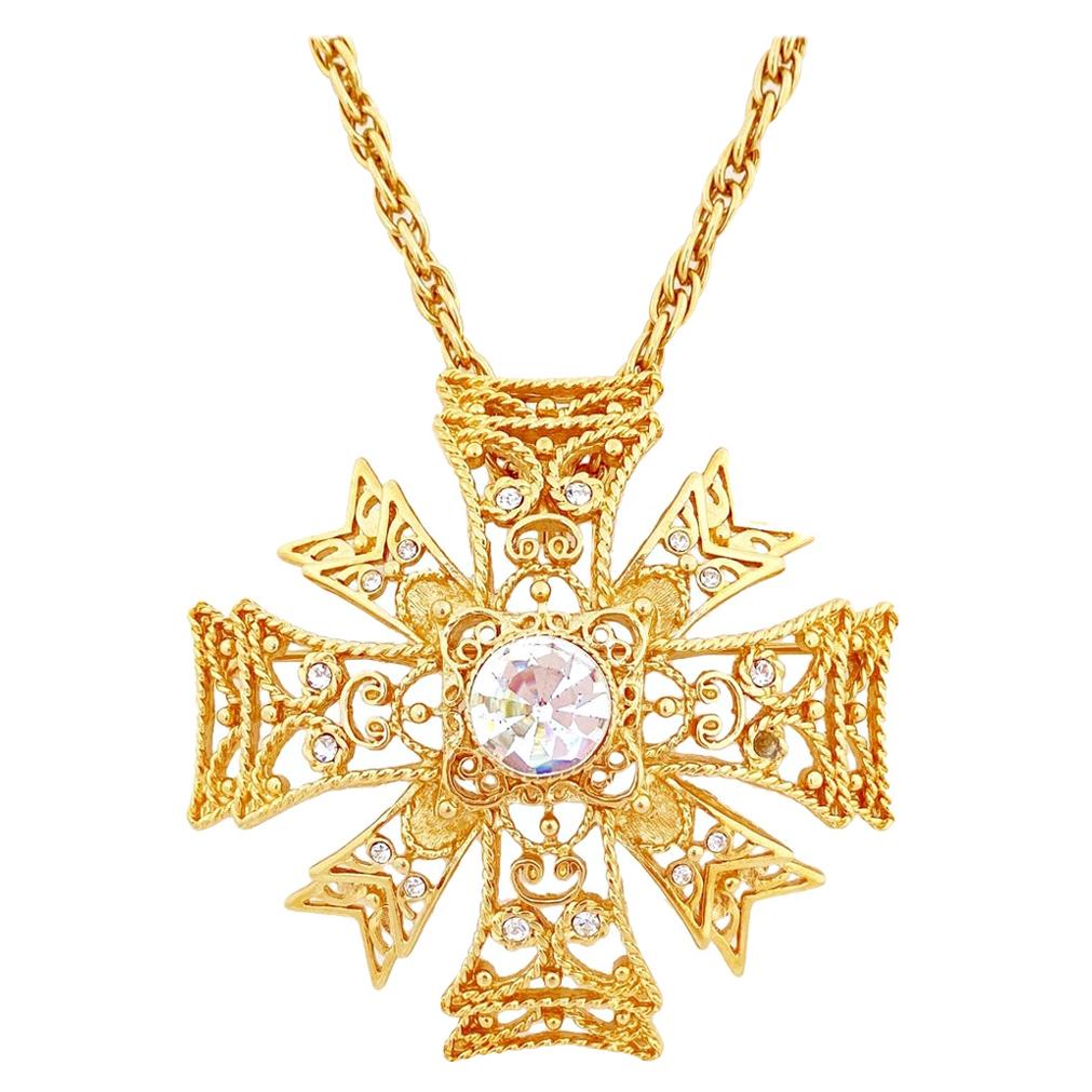 Gold Maltese Cross Pendant Necklace By Kenneth Jay Lane, 1990s