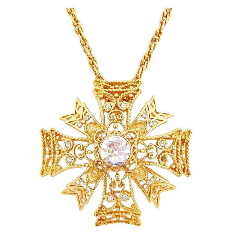 Gold Maltese Cross Pendant Necklace By Kenneth Jay Lane, 1990s at 1stDibs