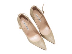Gold Manolo Blahnik Pointed-Toe Ankle Strap Glitter Pumps Size 40