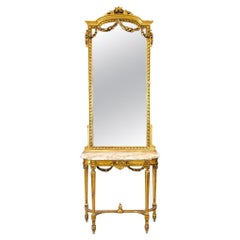 Console à plateau en marbre doré avec miroir
