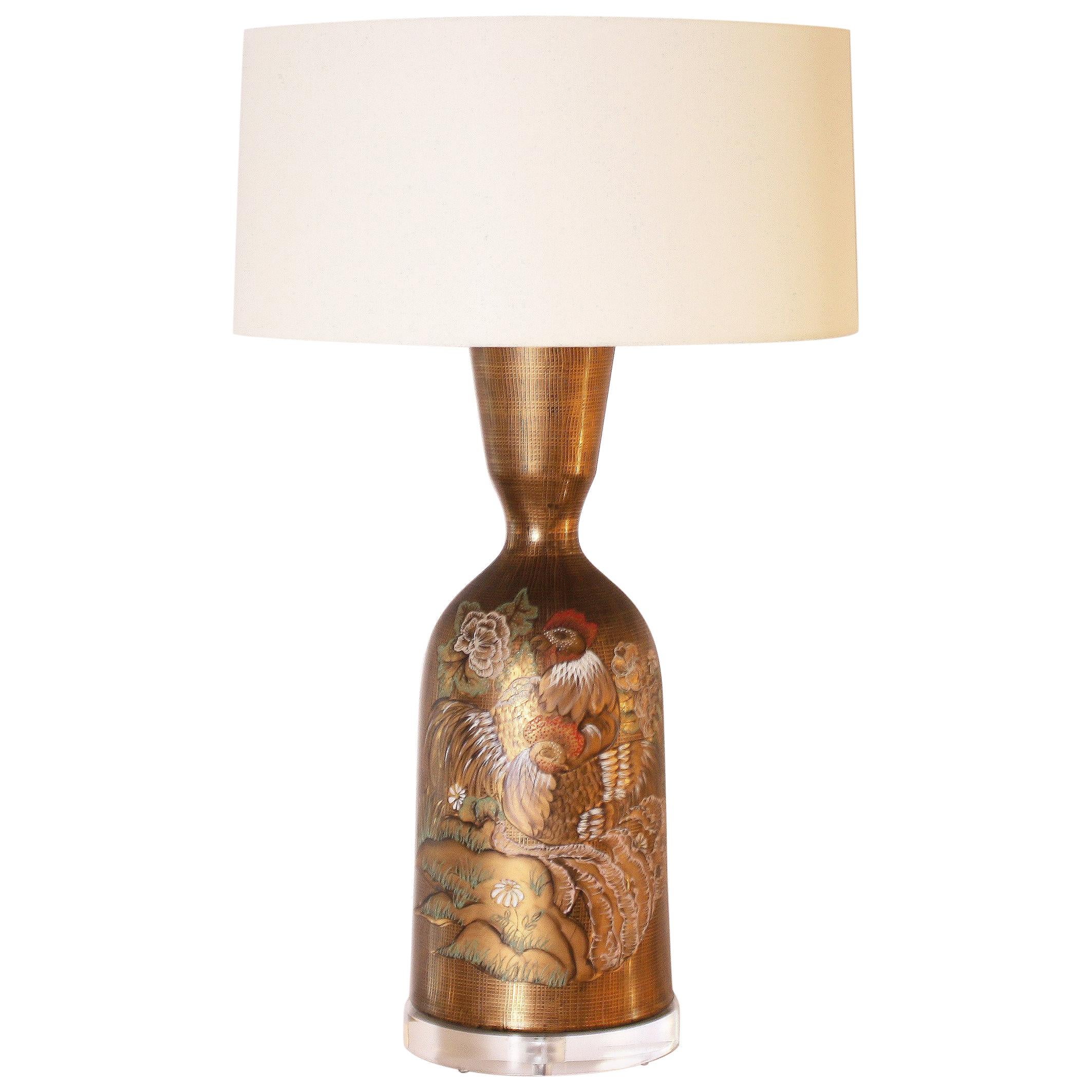 Gold Marbro Styled Lamp with Hand-Painted Rooster, circa 1960