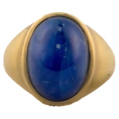 Gold Matte Cabochon Blue Sapphire Solitaire Ring