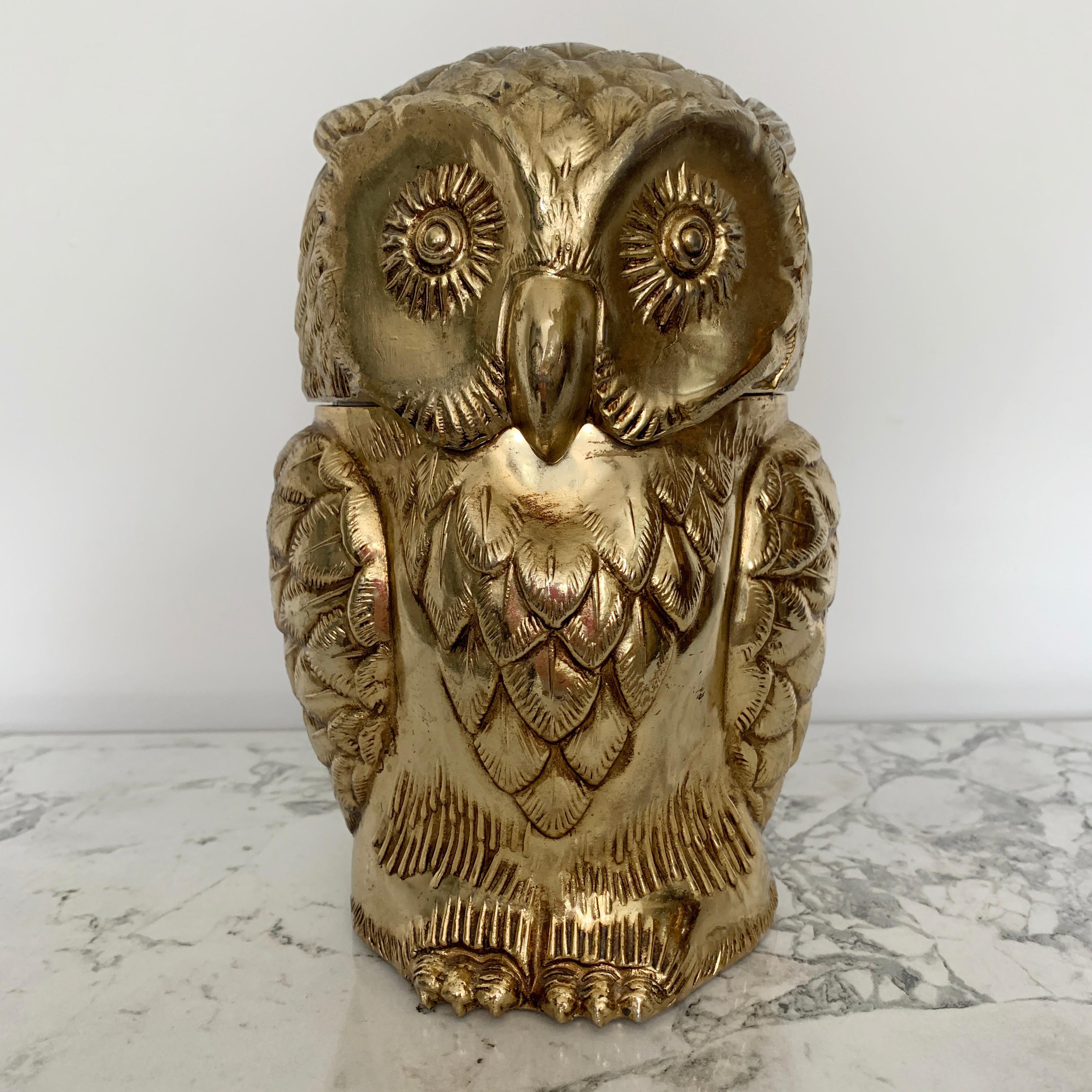 Fabulous Rare Gold Colour Owl Ice Bucket By Mauro Manetti, Italy, C'1960’S. The Owl Has Its Original Gold Finish All Over. There Is A Liner In The Lid Of The Owl And In The Body. Stamped M/M Italy On The Underside Of The Tail. 20Cm Height, 14Cm
