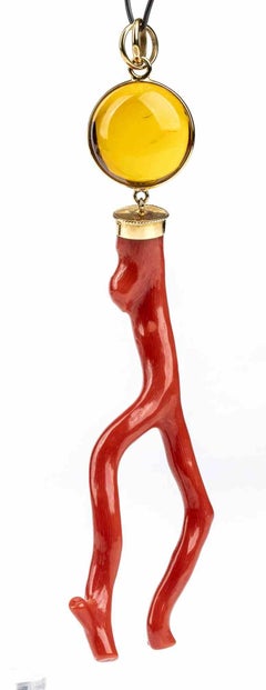 Gold, Mediterranean Coral and Treated Ambra Pendant Gold, Mediterranean Coral and Treated Ambra Pendant