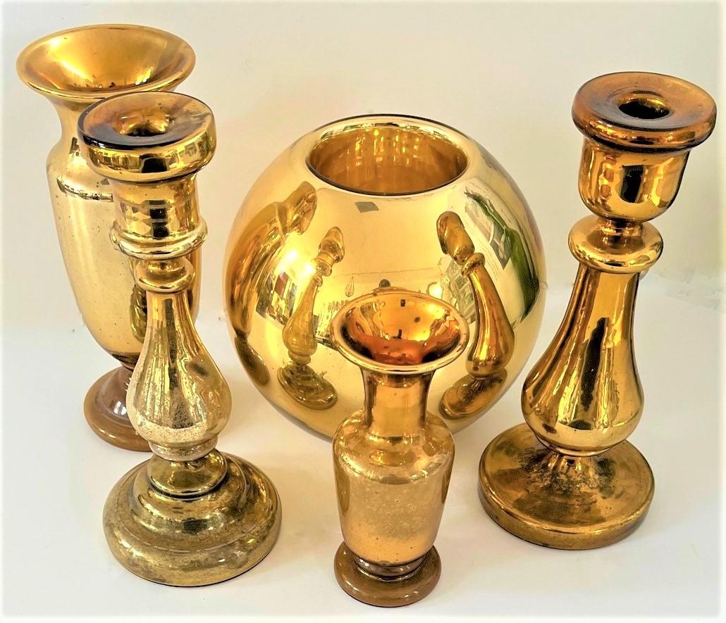 Gold Mercury Glass Candlesticks and Flower Bowls For Sale 2