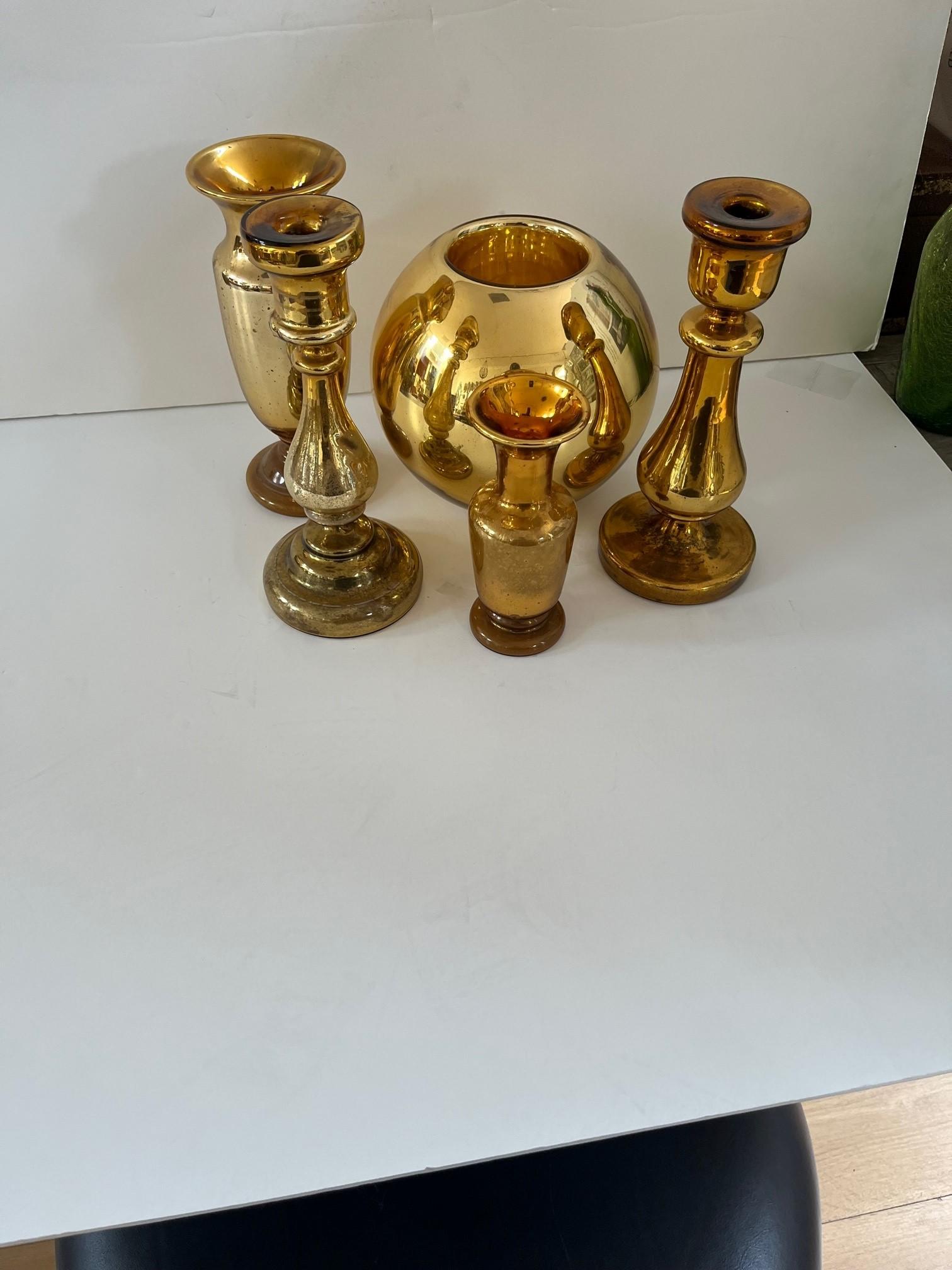Gold Mercury Glass Candlesticks and Flower Bowls For Sale 3