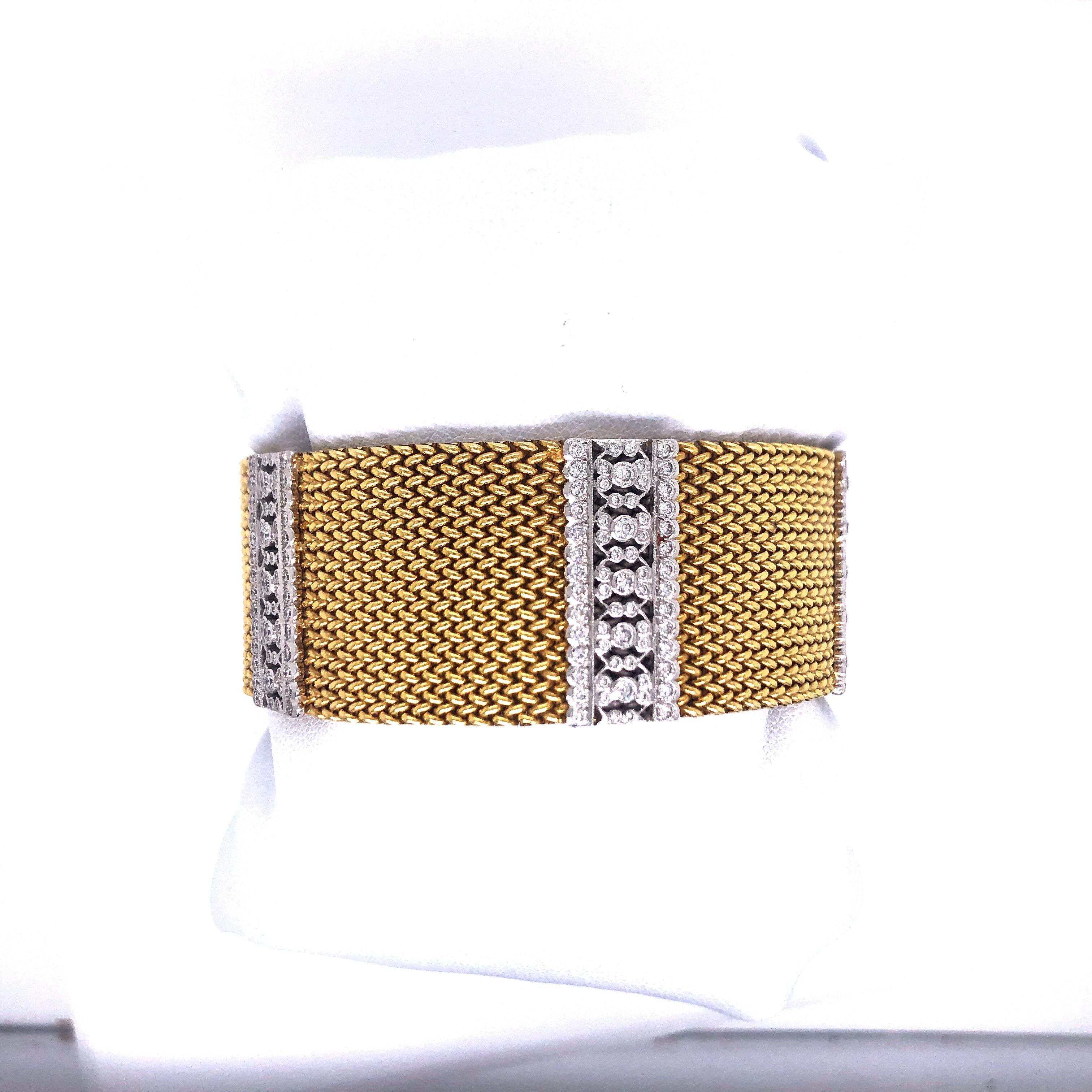 18K Yellow Gold Mesh Bracelet with Five Diamond Stations set in White Gold.  