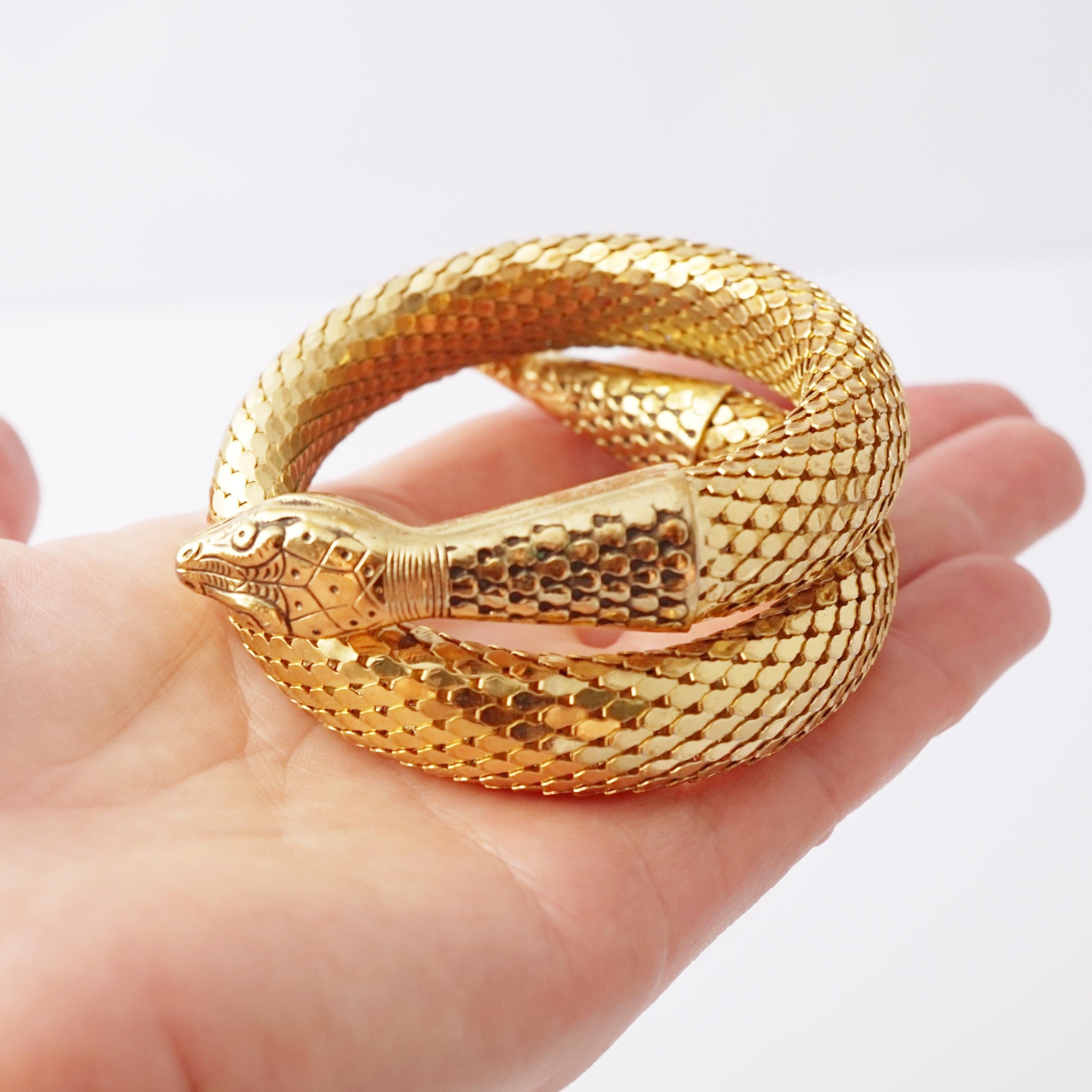 Gold Mesh Coiled Snake Cuff Bracelet By Whiting & Davis, 1960s In Good Condition In McKinney, TX