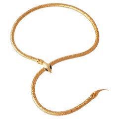 Gold Mesh Snake Belt or Necklace With Sapphire Eyes, 1980s