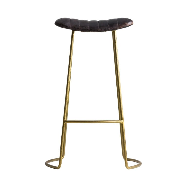 European Gold Metal and Leather Bar Stool For Sale
