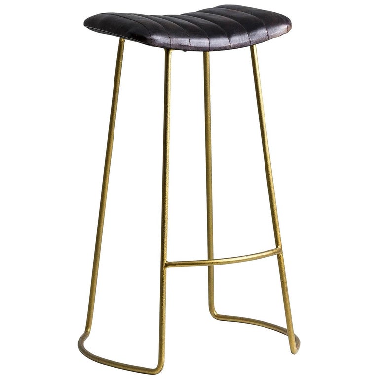 Gold Metal and Leather Bar Stool For Sale
